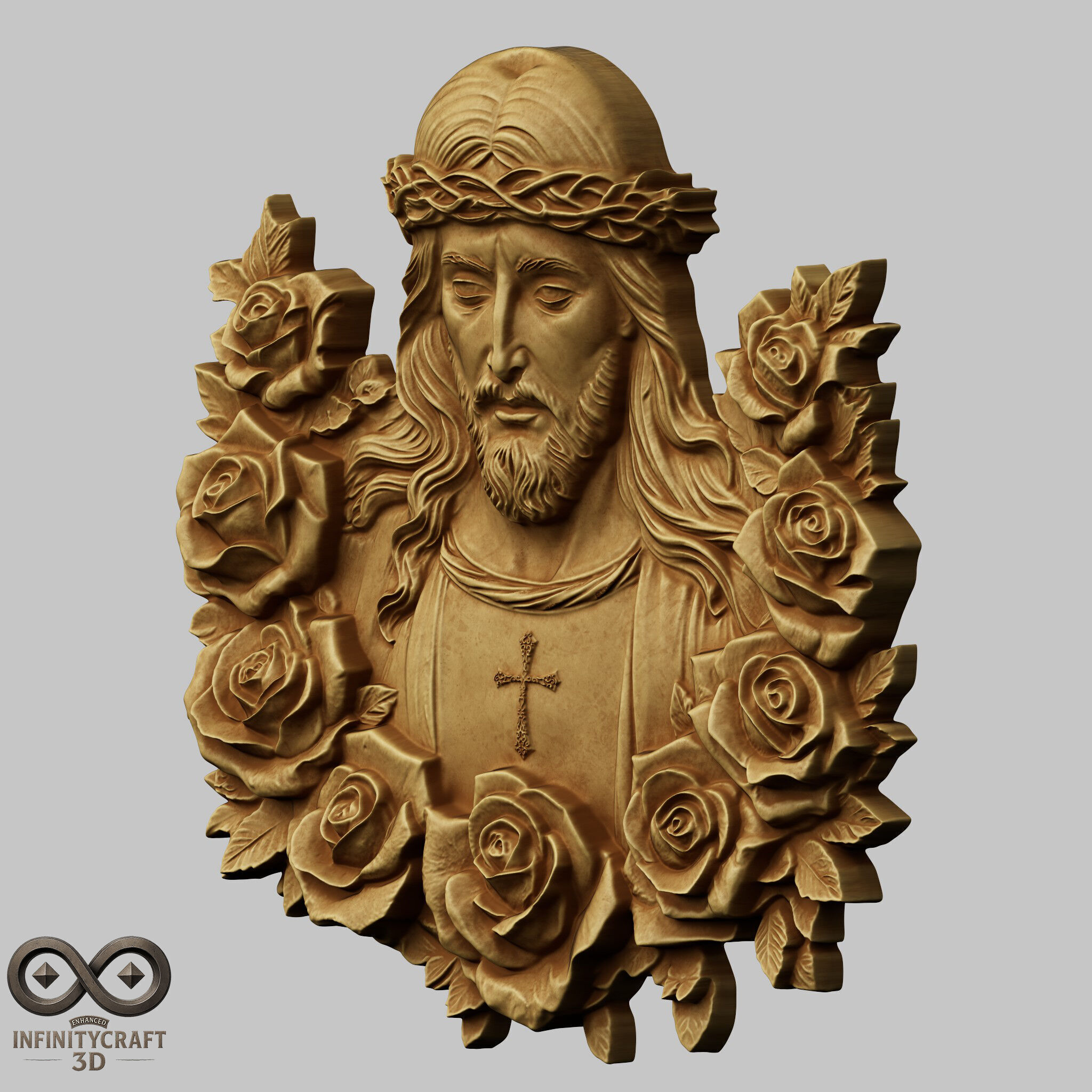Holy Christ in Roses Relief STL file for 3d Printing or CNC 3D print model_3