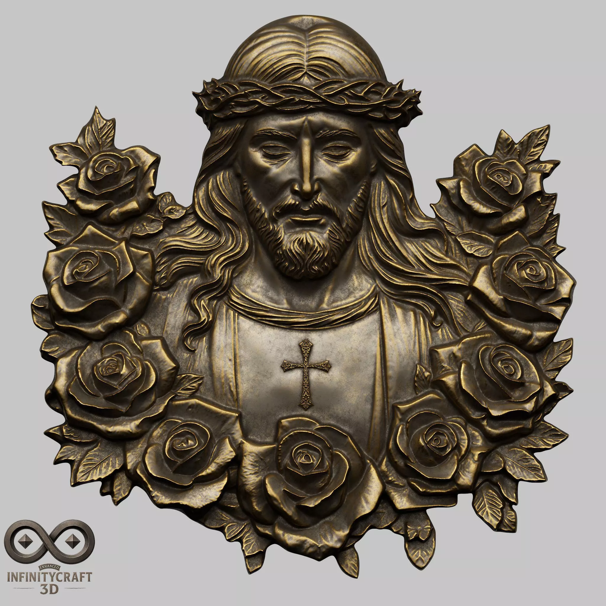 Holy Christ in Roses Relief STL file for 3d Printing or CNC 3D print model_0