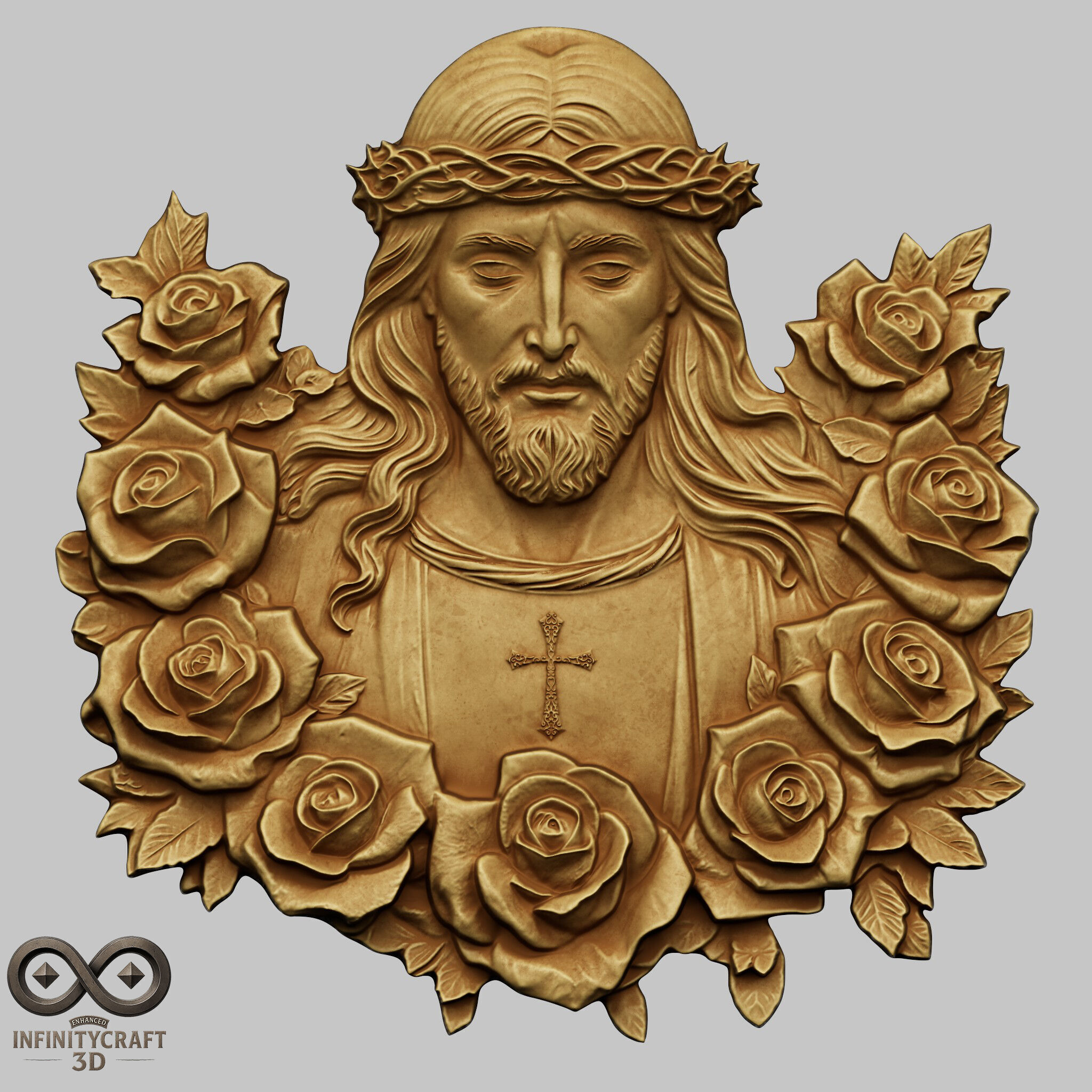 Holy Christ in Roses Relief STL file for 3d Printing or CNC 3D print model_2
