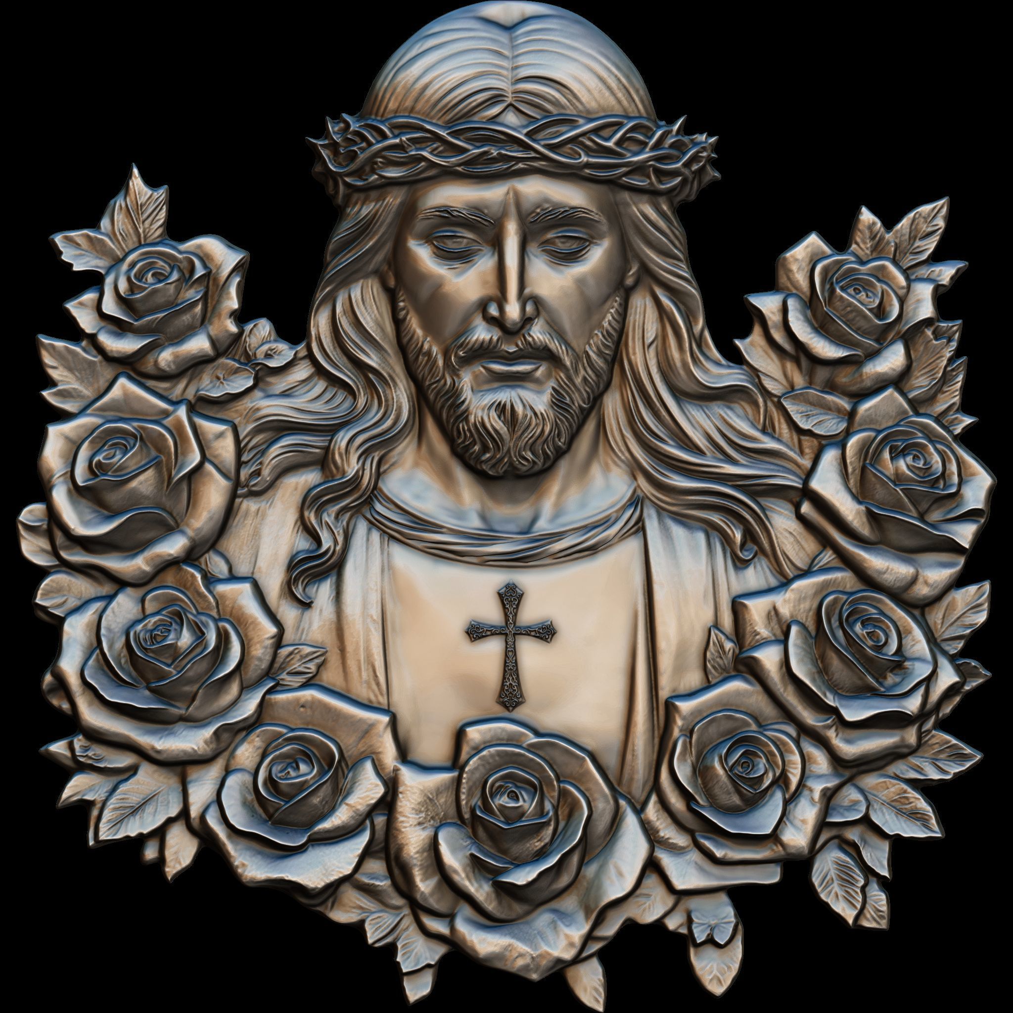 Holy Christ in Roses Relief STL file for 3d Printing or CNC 3D print model_5