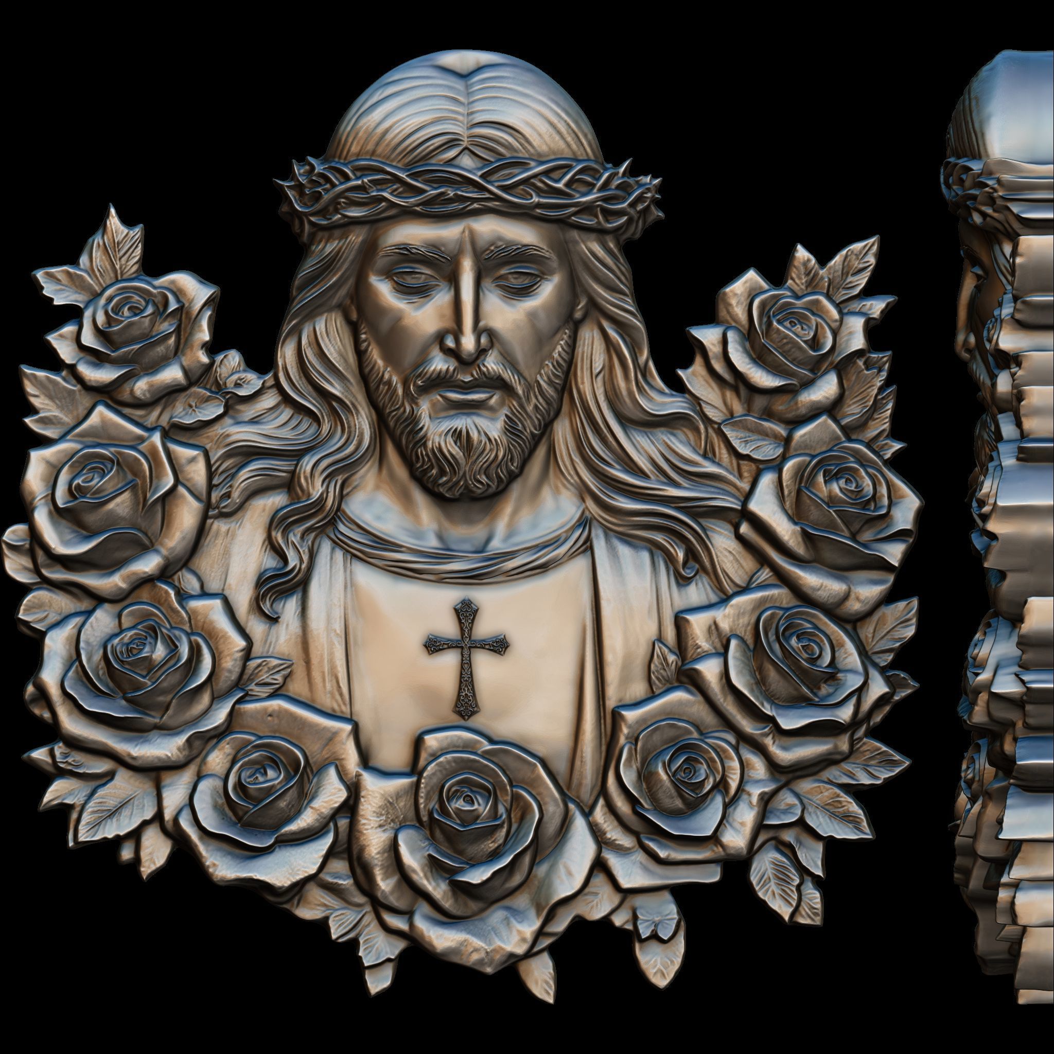Holy Christ in Roses Relief STL file for 3d Printing or CNC 3D print model_4