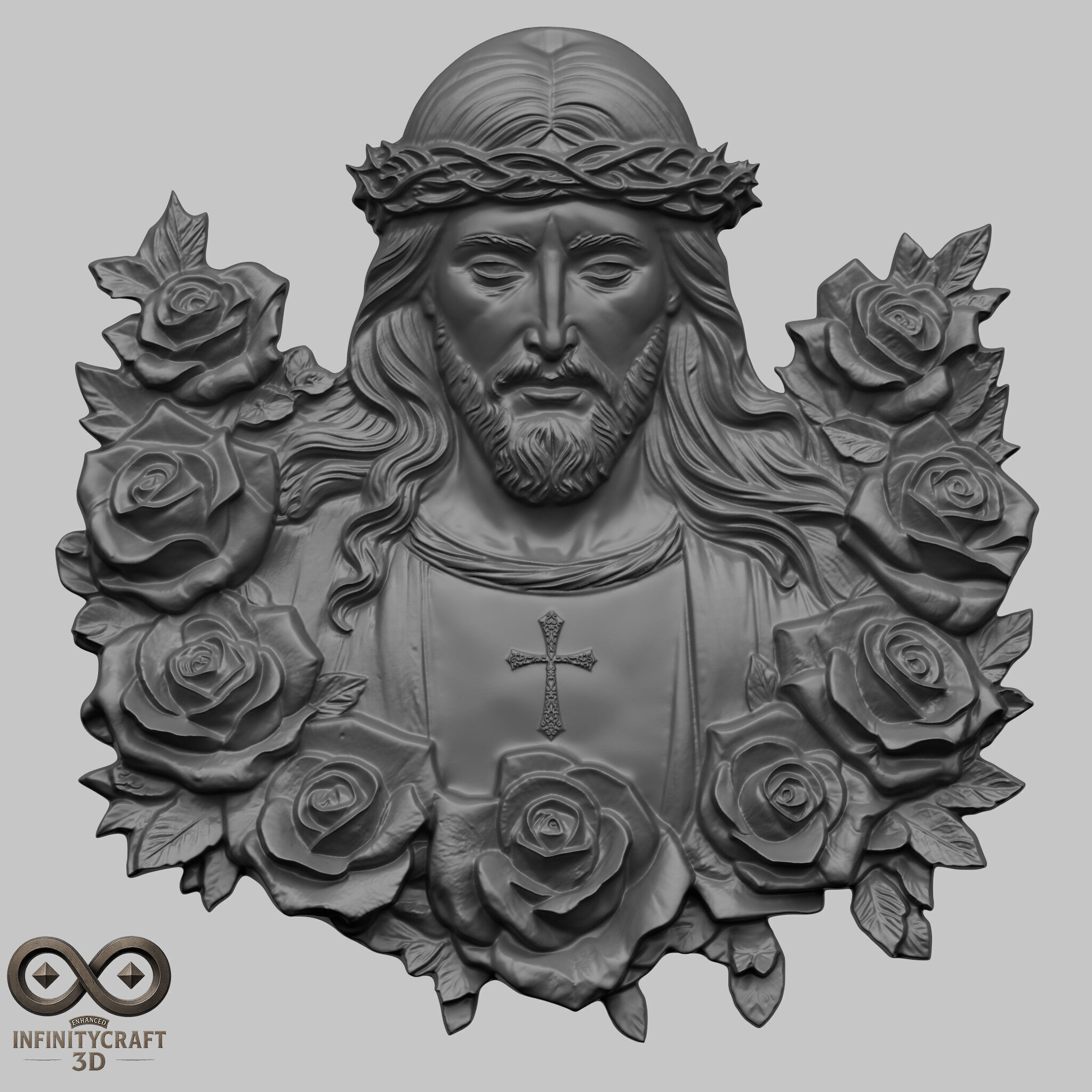 Holy Christ in Roses Relief STL file for 3d Printing or CNC 3D print model_1