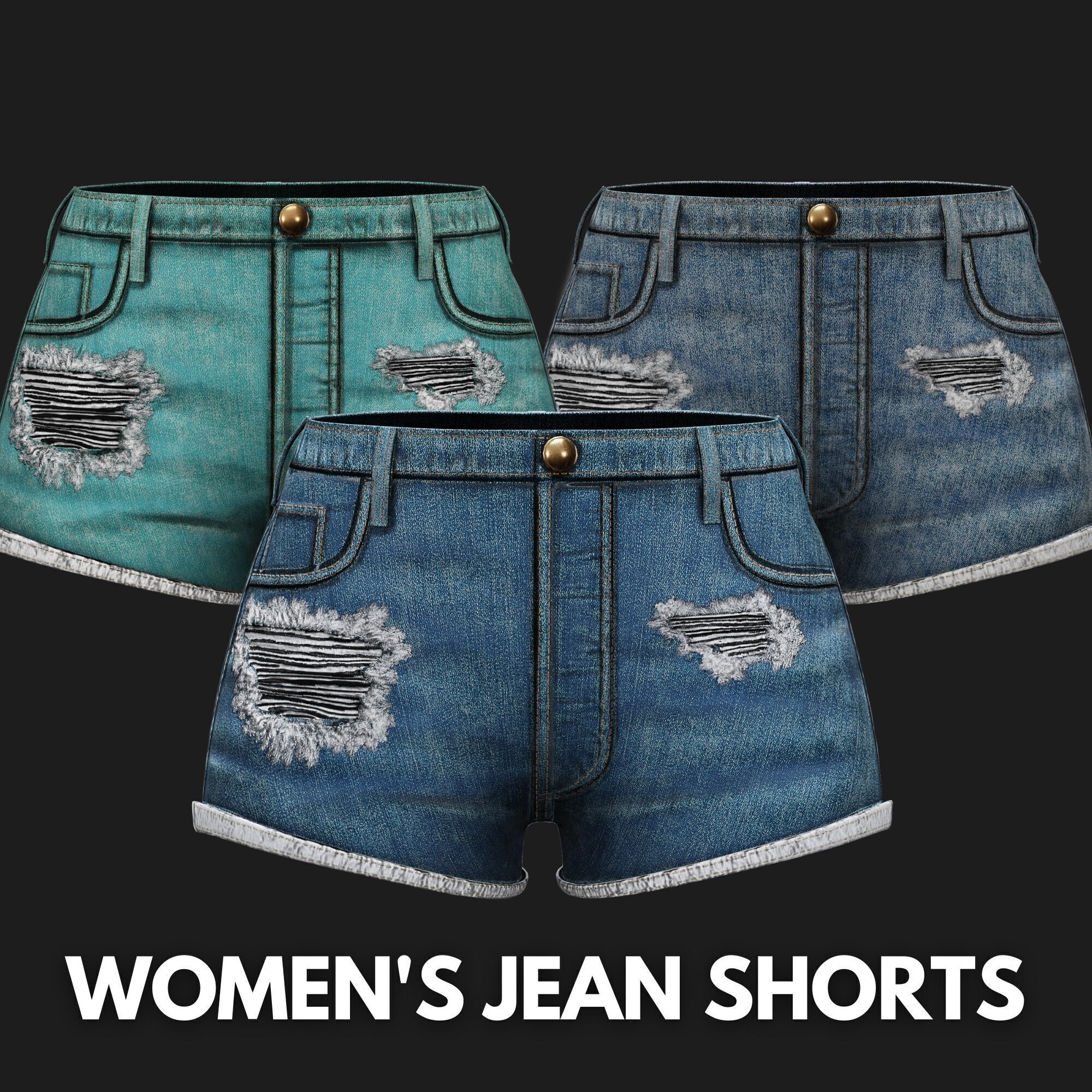 Womens Jean Shorts - 3 Colors Low-poly 3D model_1