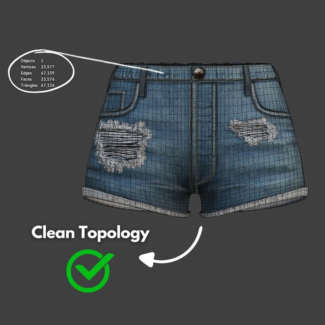 Womens Jean Shorts - 3 Colors Low-poly 3D model_2