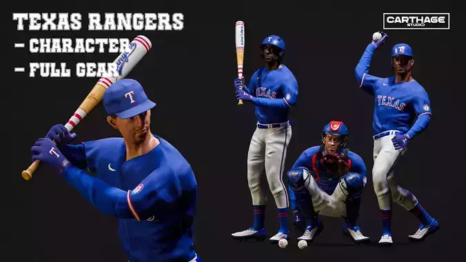 Texas Rangers Character And Essential Baseball Equipment Low-poly 3D model