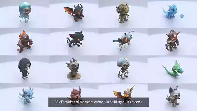 33 3D models of Monsters cartoon in shibi style