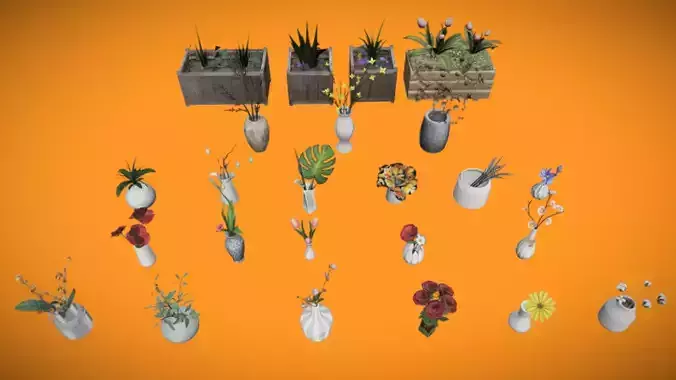 Flower Pots and Plants Set 3D model