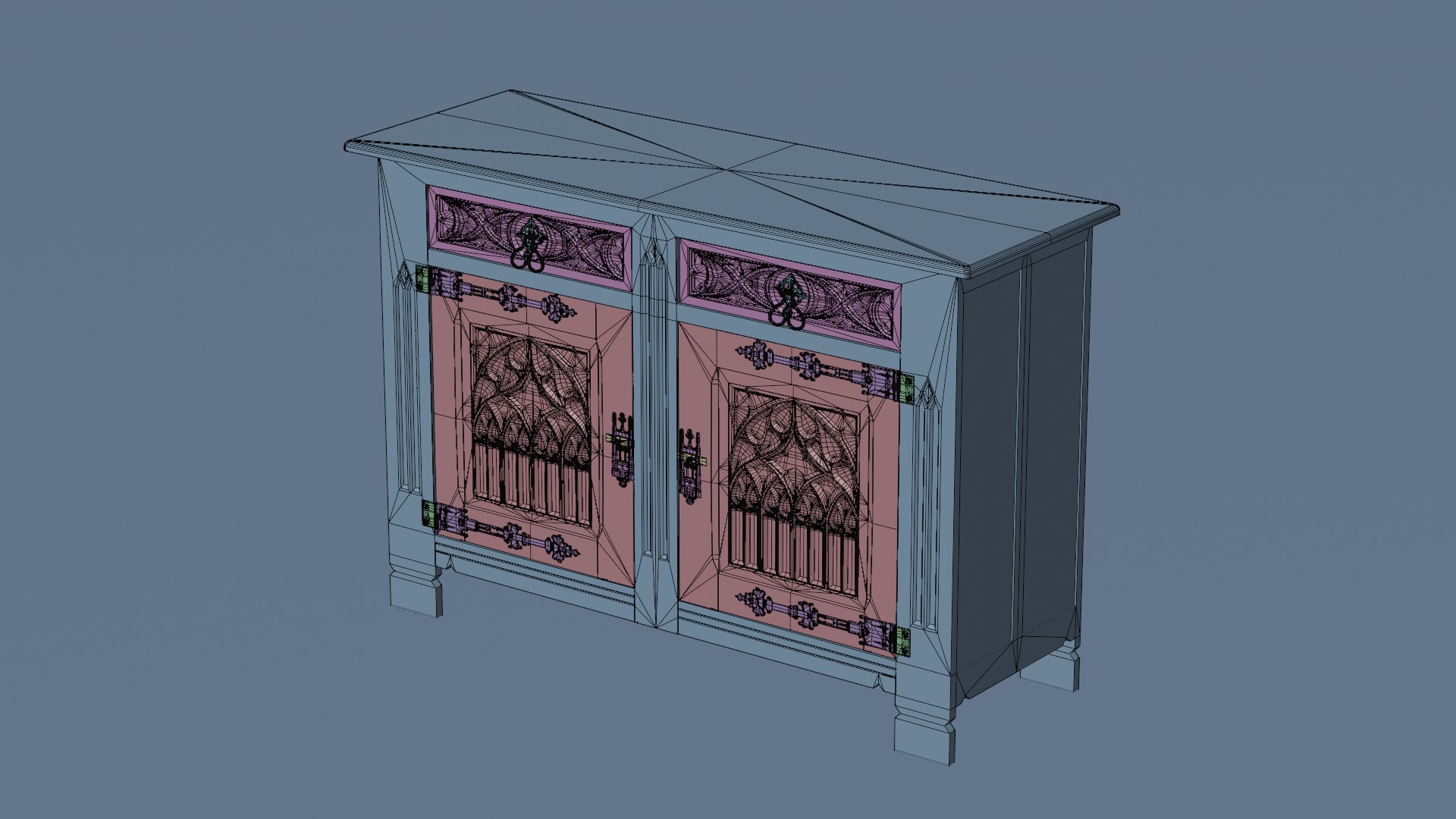 Old chest of drawers with gothic ornaments 3D model_22