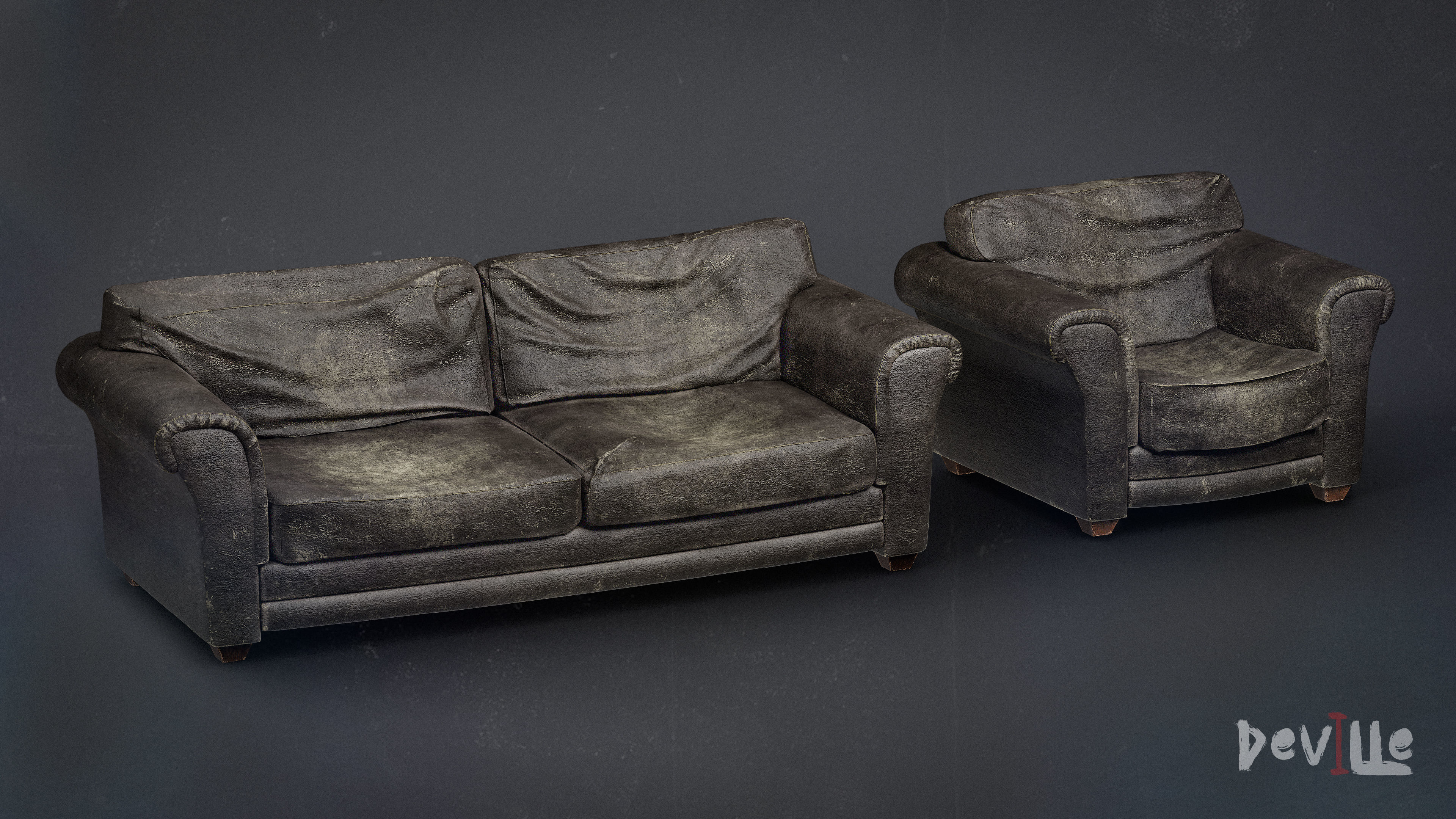 Sofa and Armchair Worn Leather and Fabric Gameready  Low-poly 3D model_3