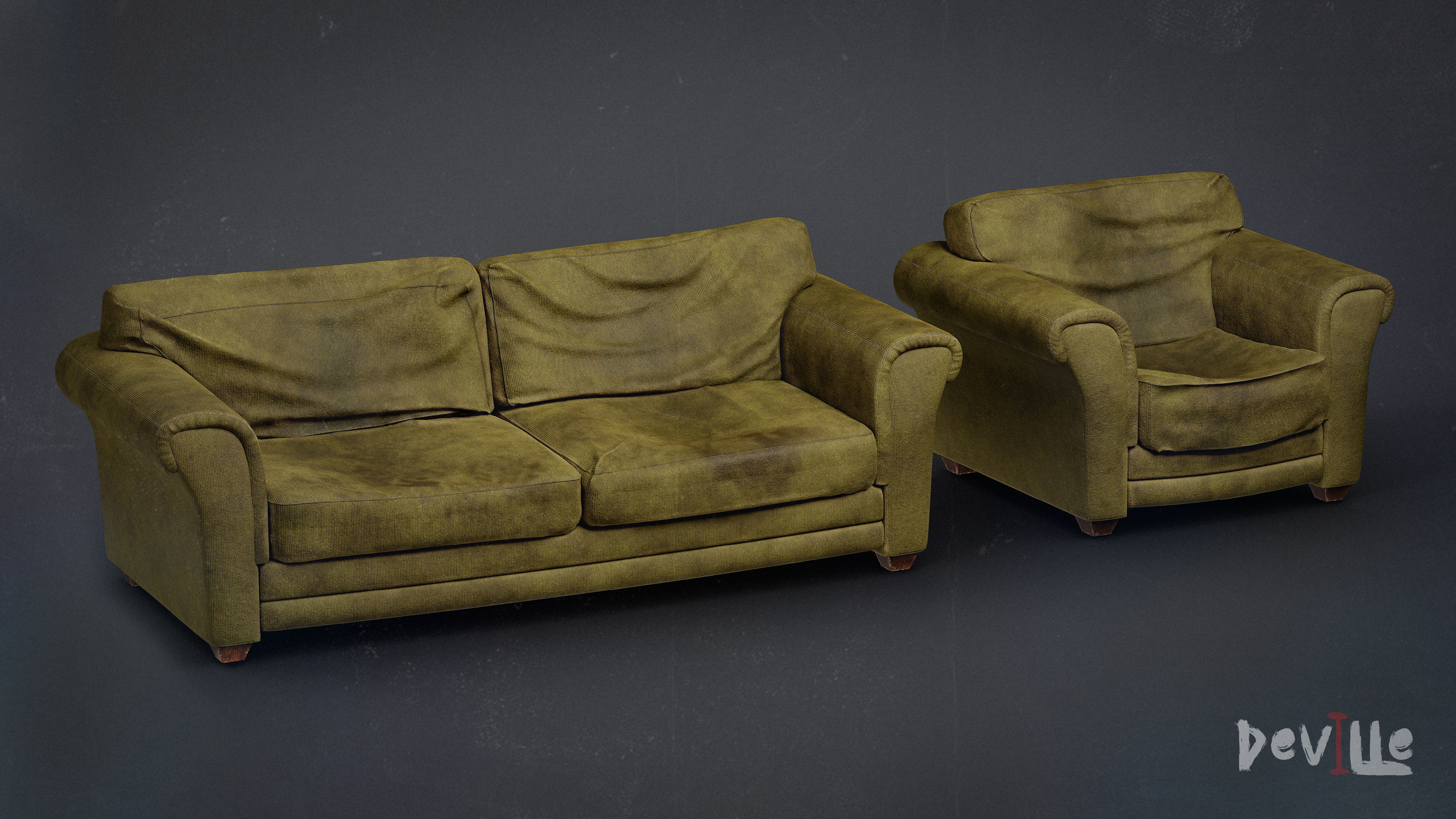 Sofa and Armchair Worn Leather and Fabric Gameready  Low-poly 3D model_4
