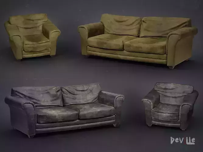 Sofa and Armchair Worn Leather and Fabric Gameready 