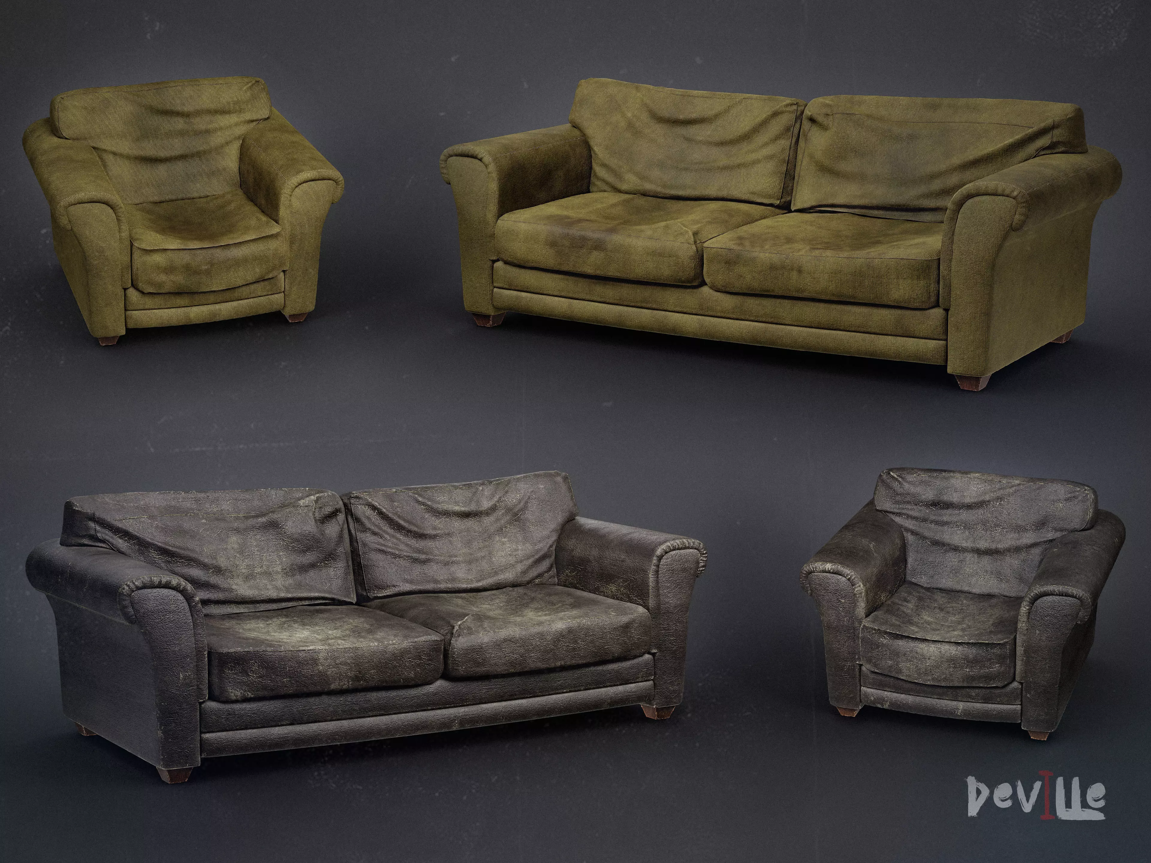 Sofa and Armchair Worn Leather and Fabric Gameready  Low-poly 3D model_0