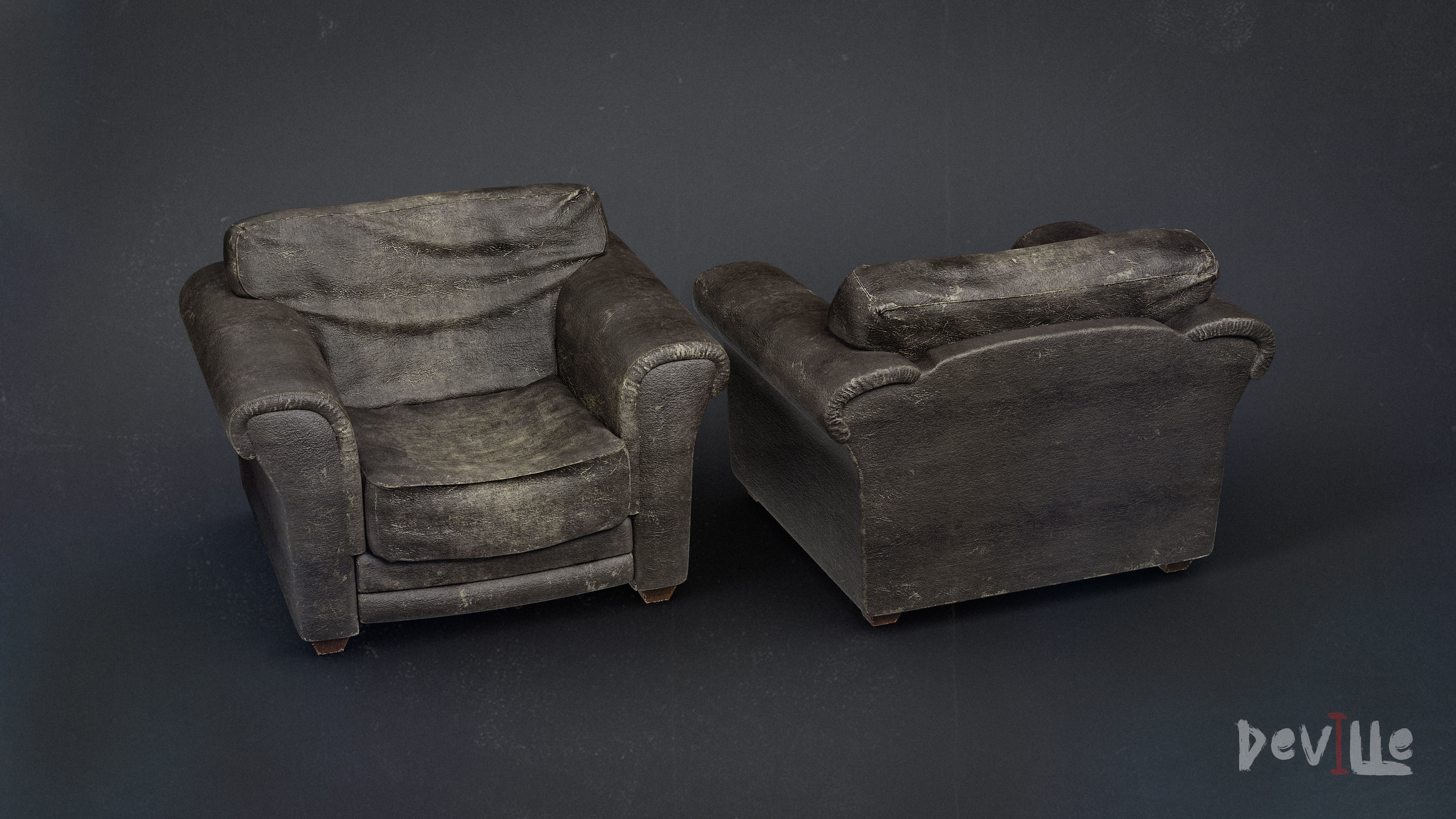 Sofa and Armchair Worn Leather and Fabric Gameready  Low-poly 3D model_13