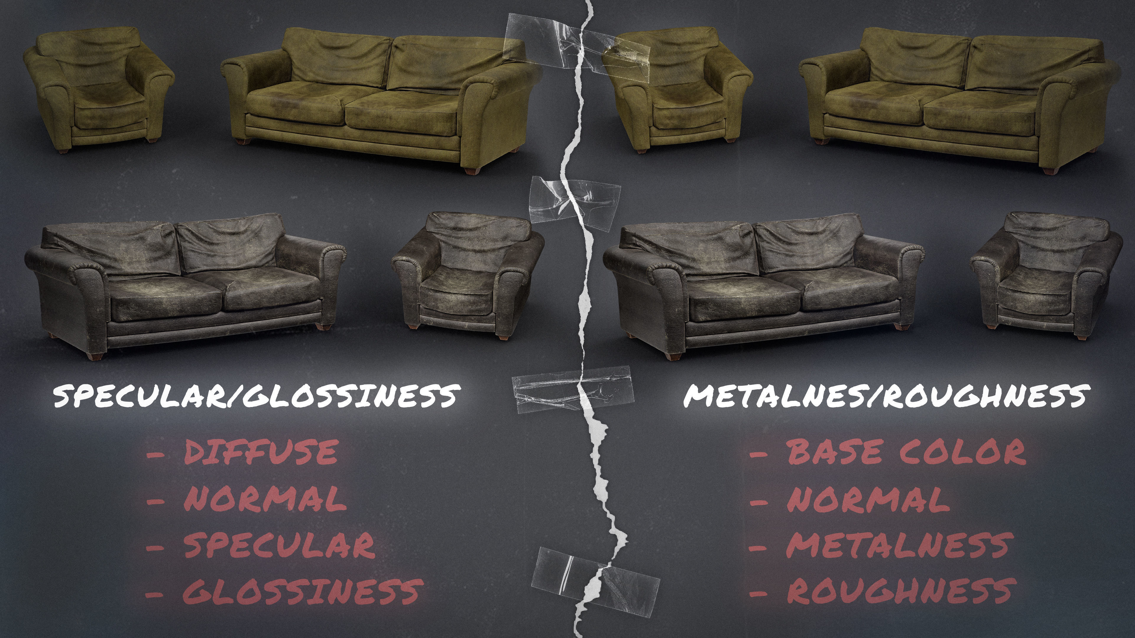 Sofa and Armchair Worn Leather and Fabric Gameready  Low-poly 3D model_23