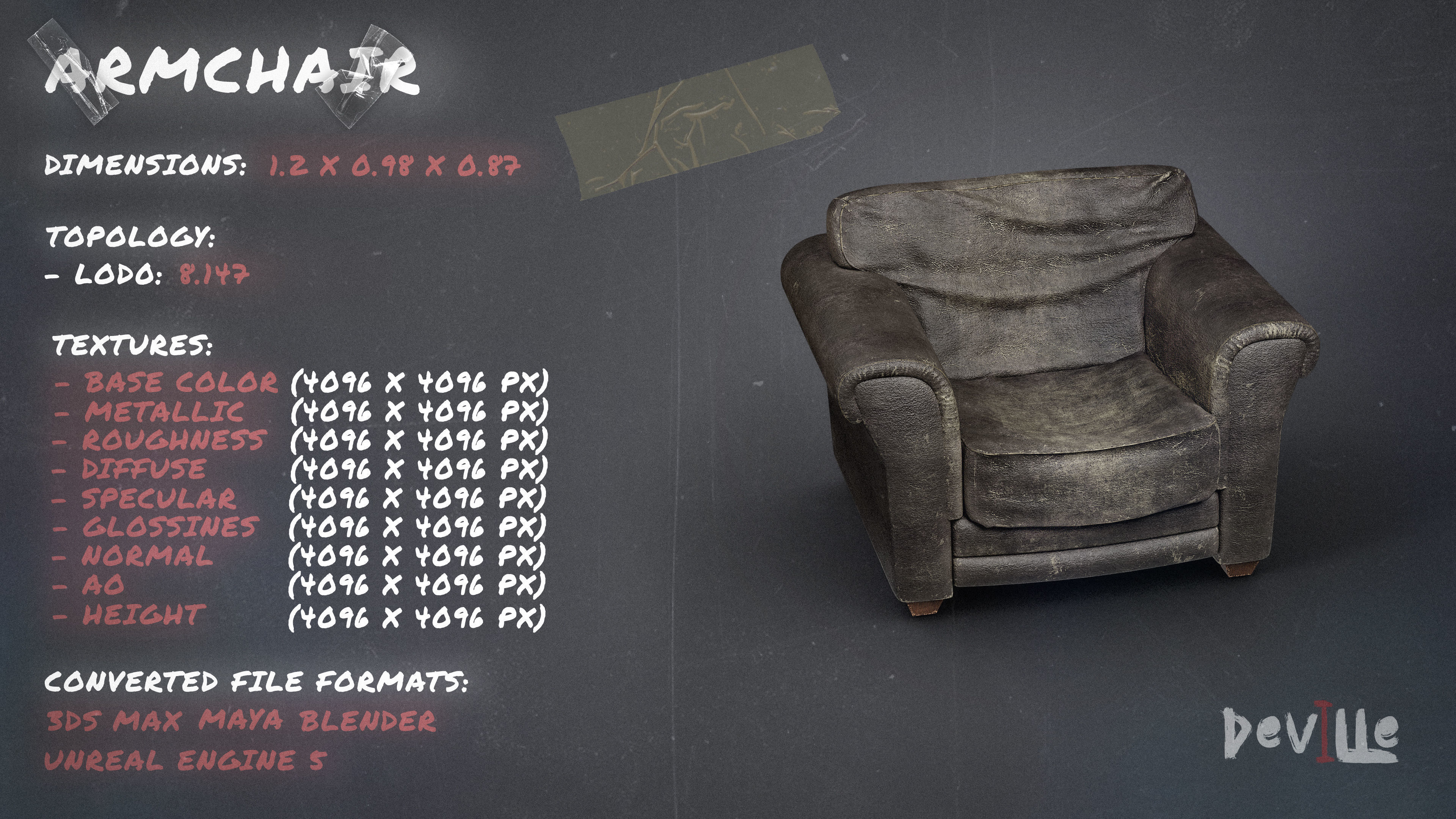 Sofa and Armchair Worn Leather and Fabric Gameready  Low-poly 3D model_2