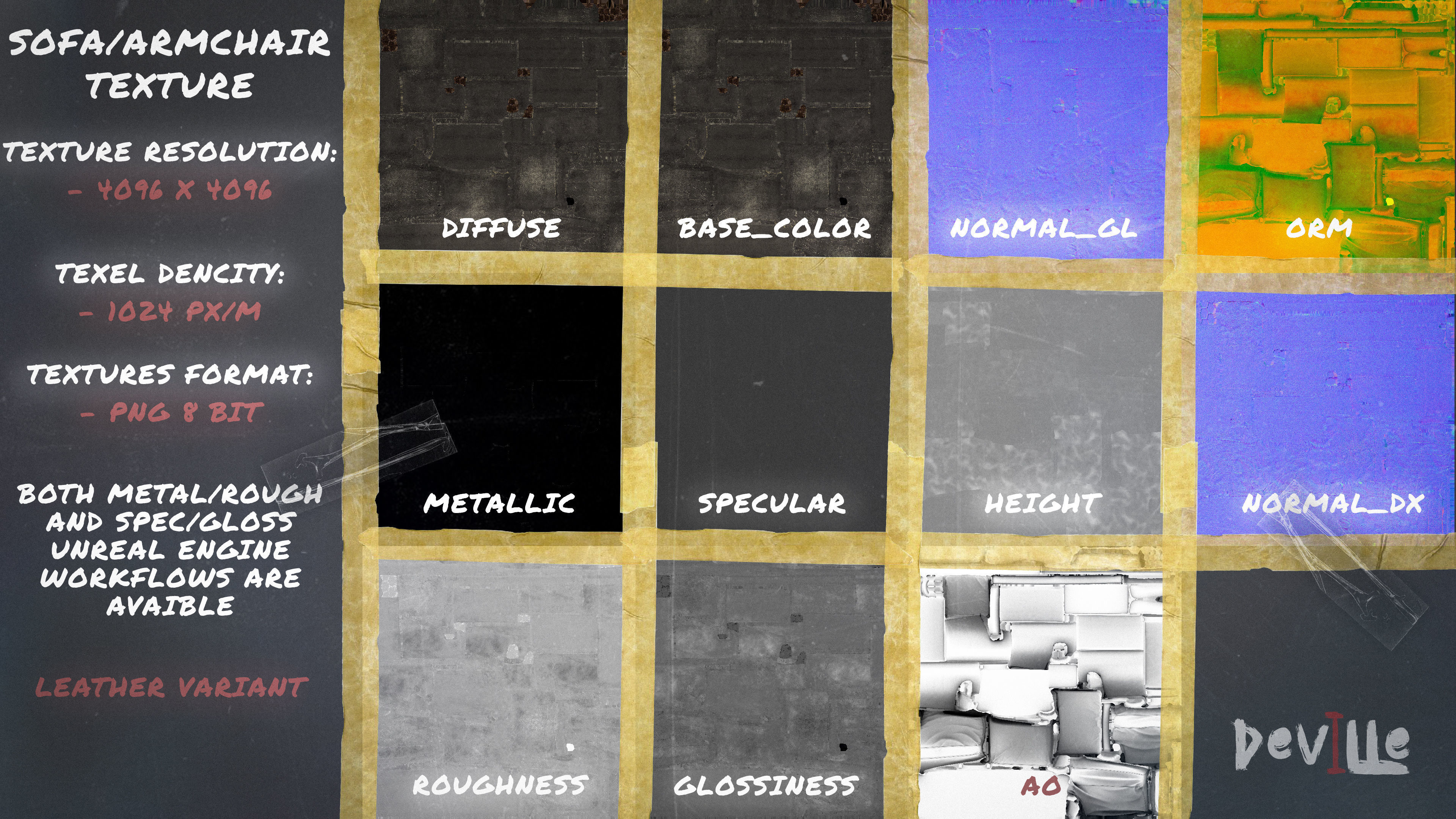 Sofa and Armchair Worn Leather and Fabric Gameready  Low-poly 3D model_24