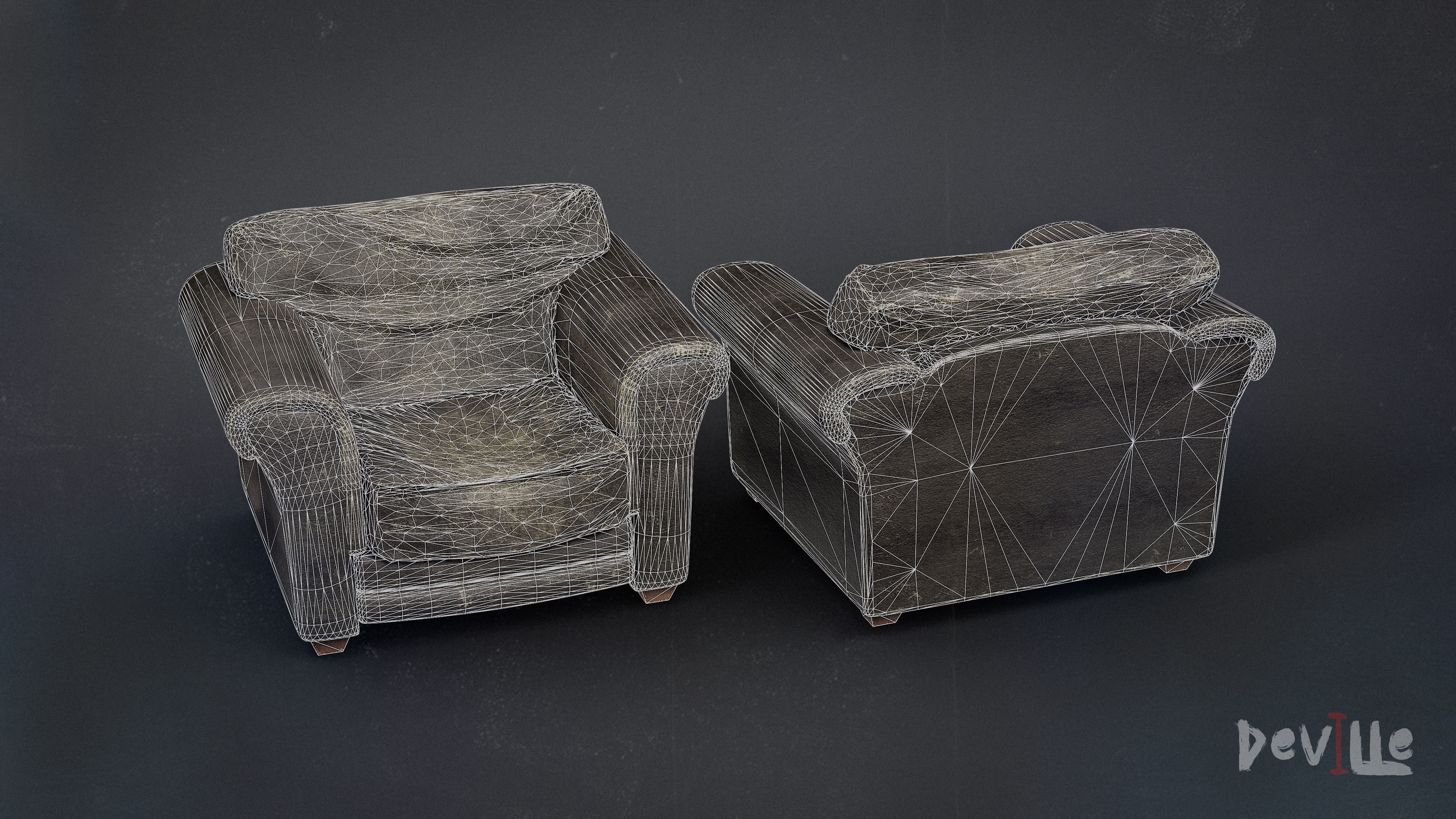Sofa and Armchair Worn Leather and Fabric Gameready  Low-poly 3D model_15