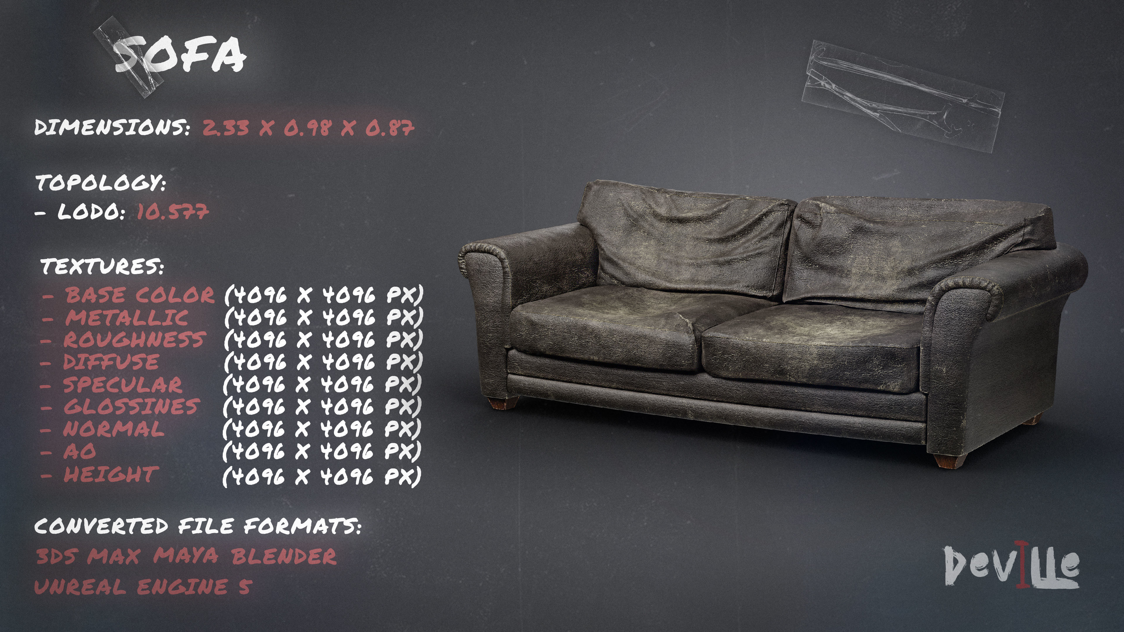 Sofa and Armchair Worn Leather and Fabric Gameready  Low-poly 3D model_1