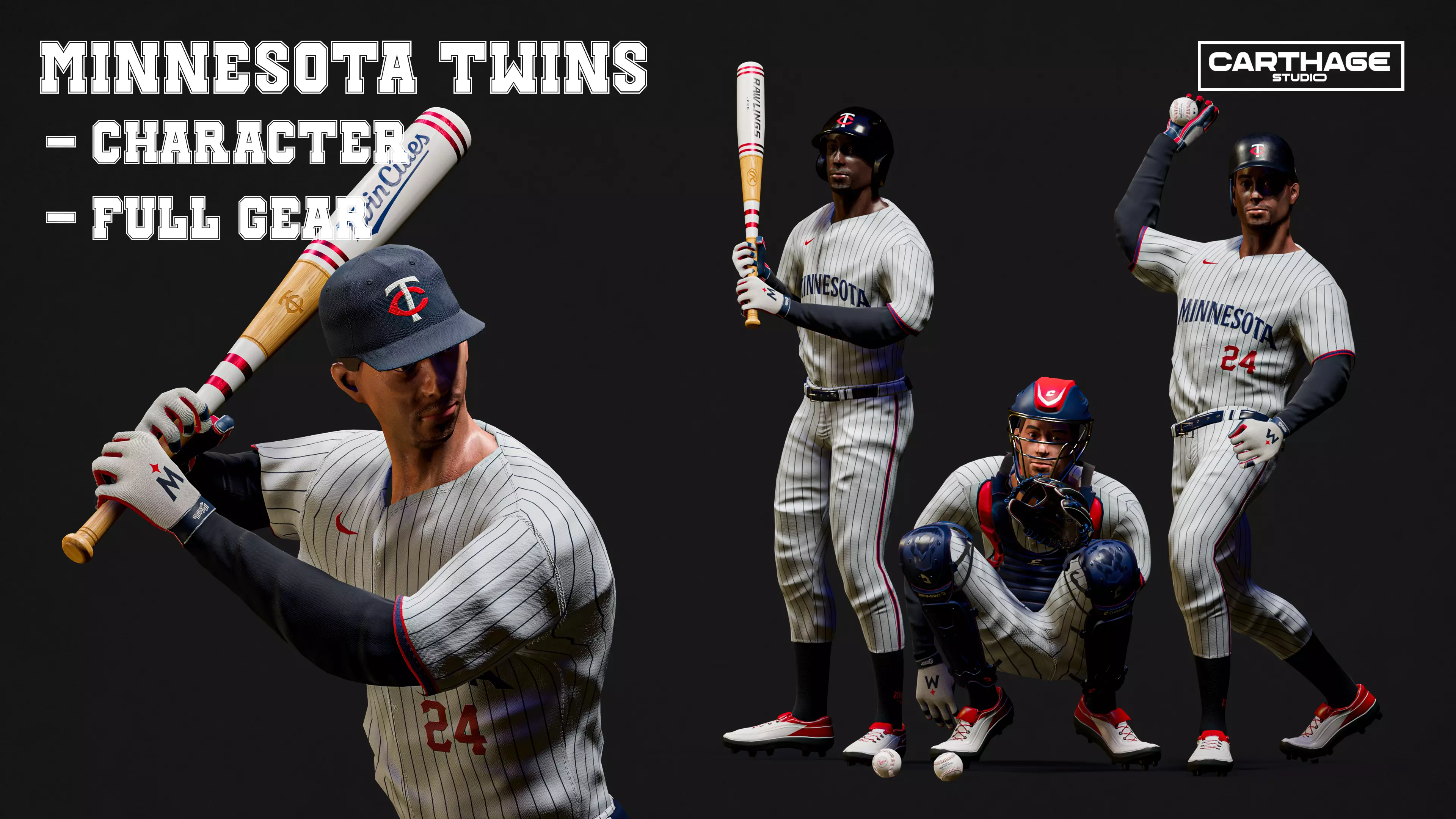 Minnesota Twins Character And Essential Baseball Equipments Low-poly 3D model_0