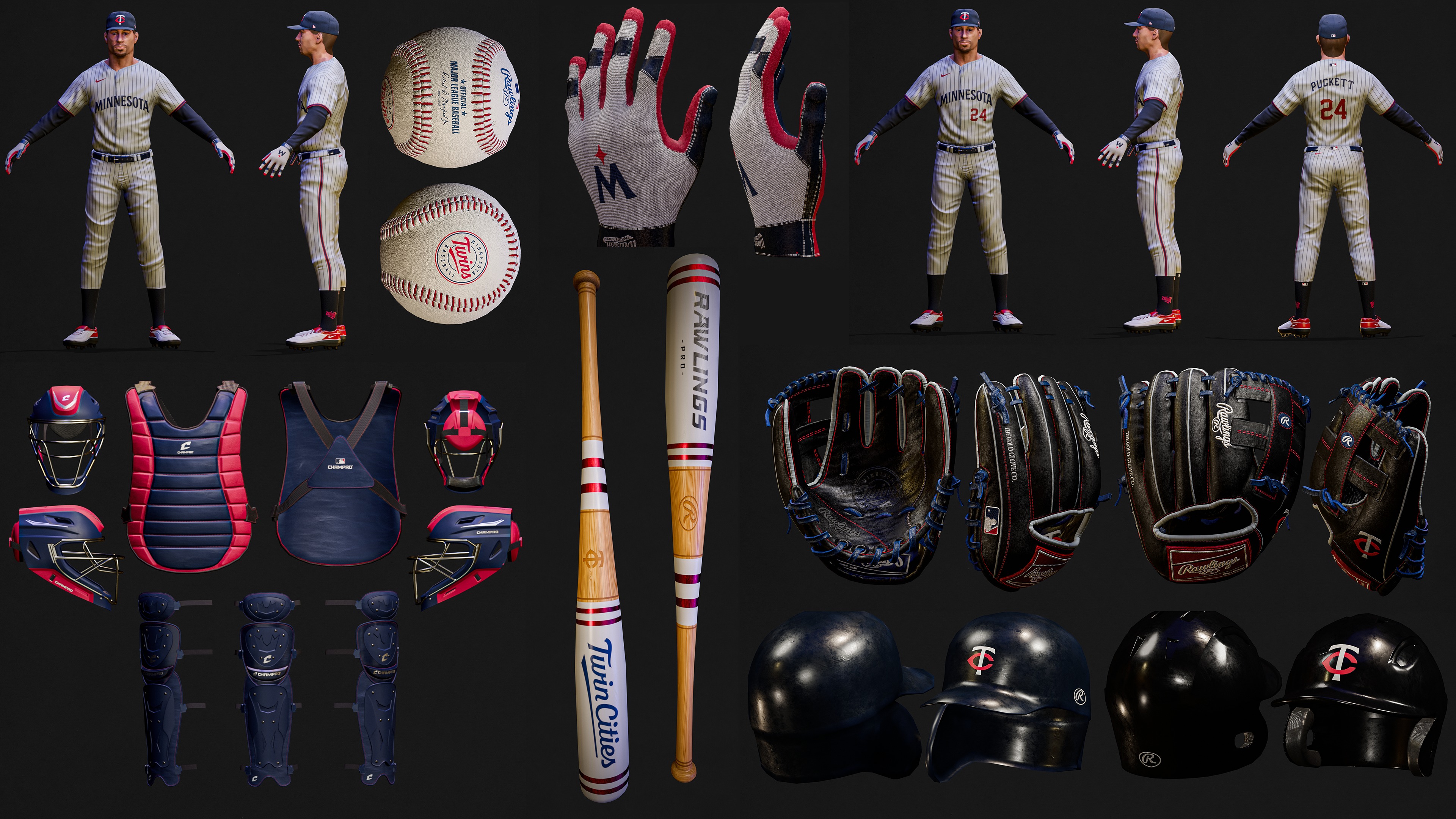 Minnesota Twins Character And Essential Baseball Equipments Low-poly 3D model_2