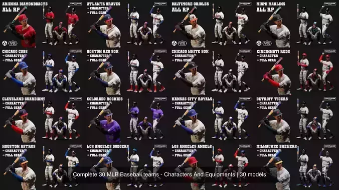 Complete 30 MLB Baseball teams - Characters And Equipments 3D Model Collection