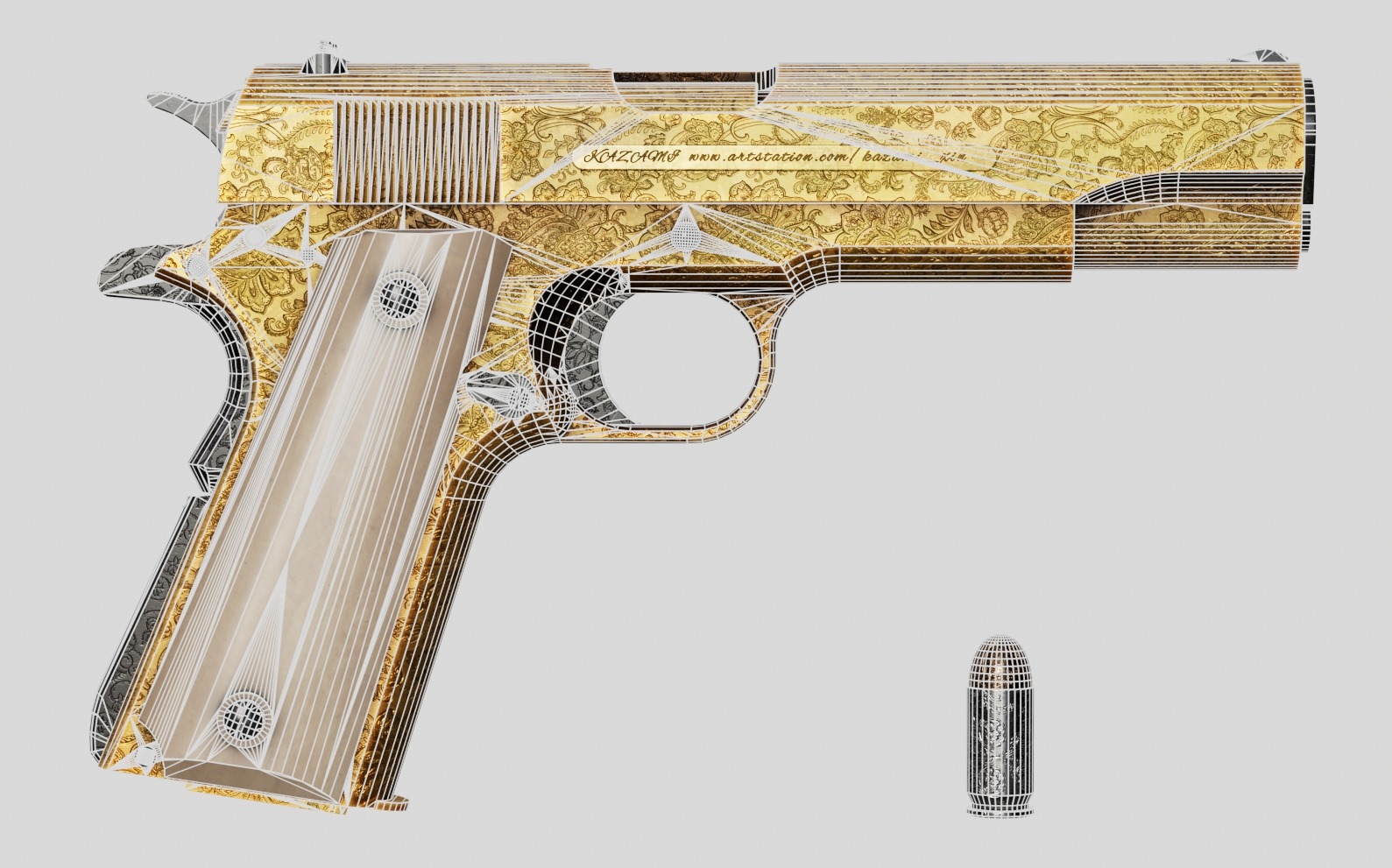 Colt M1911 Golden Carved Version Low-poly 3D model_3