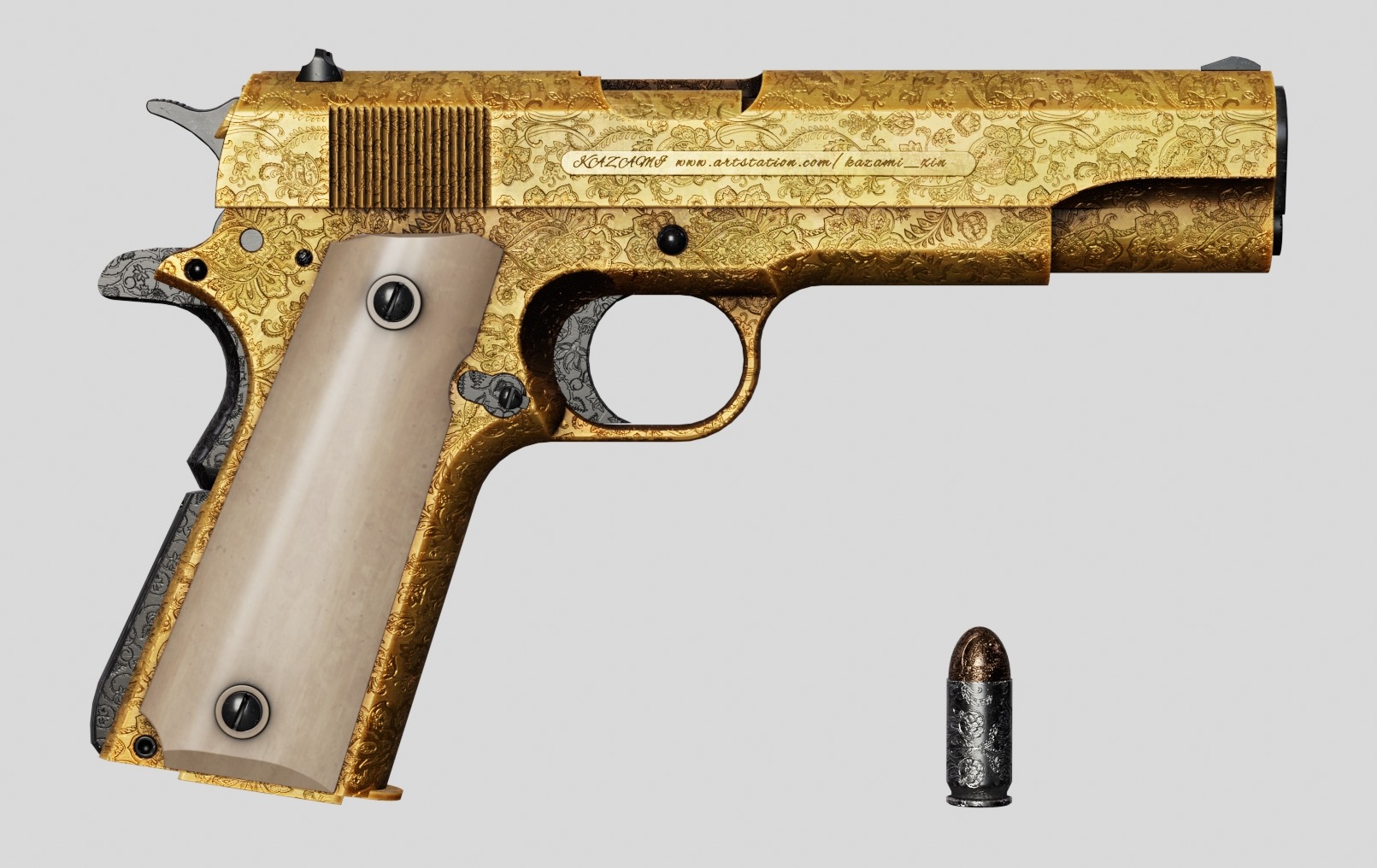 Colt M1911 Golden Carved Version Low-poly 3D model_1