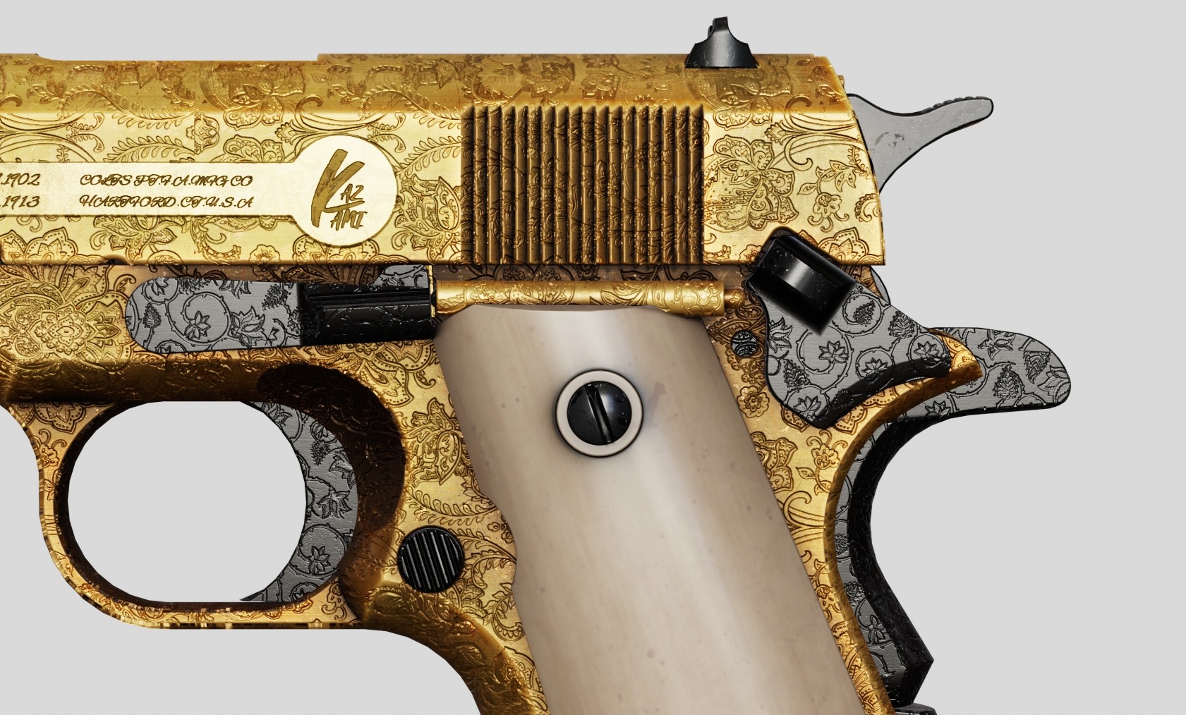 Colt M1911 Golden Carved Version Low-poly 3D model_11