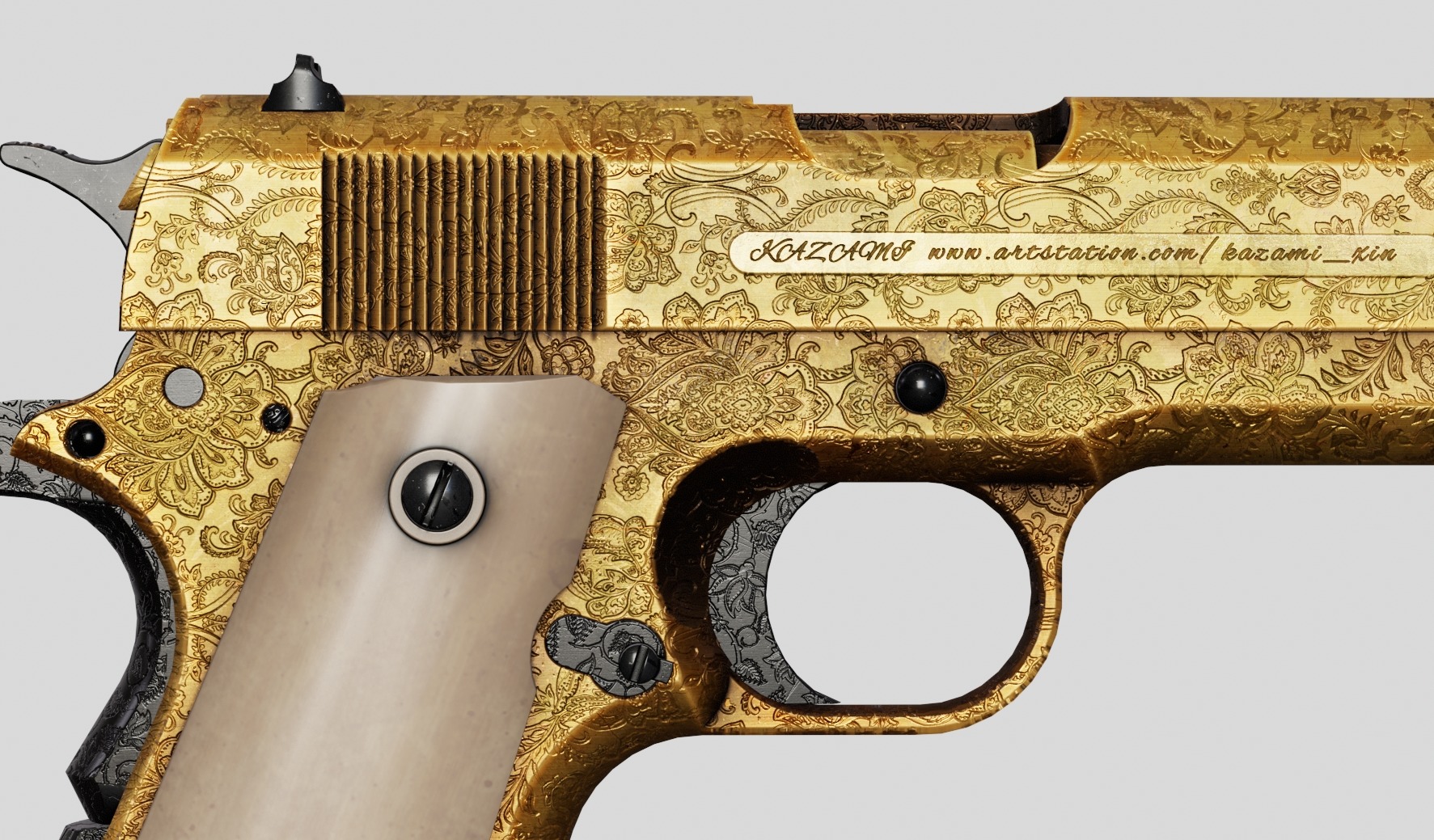Colt M1911 Golden Carved Version Low-poly 3D model_15