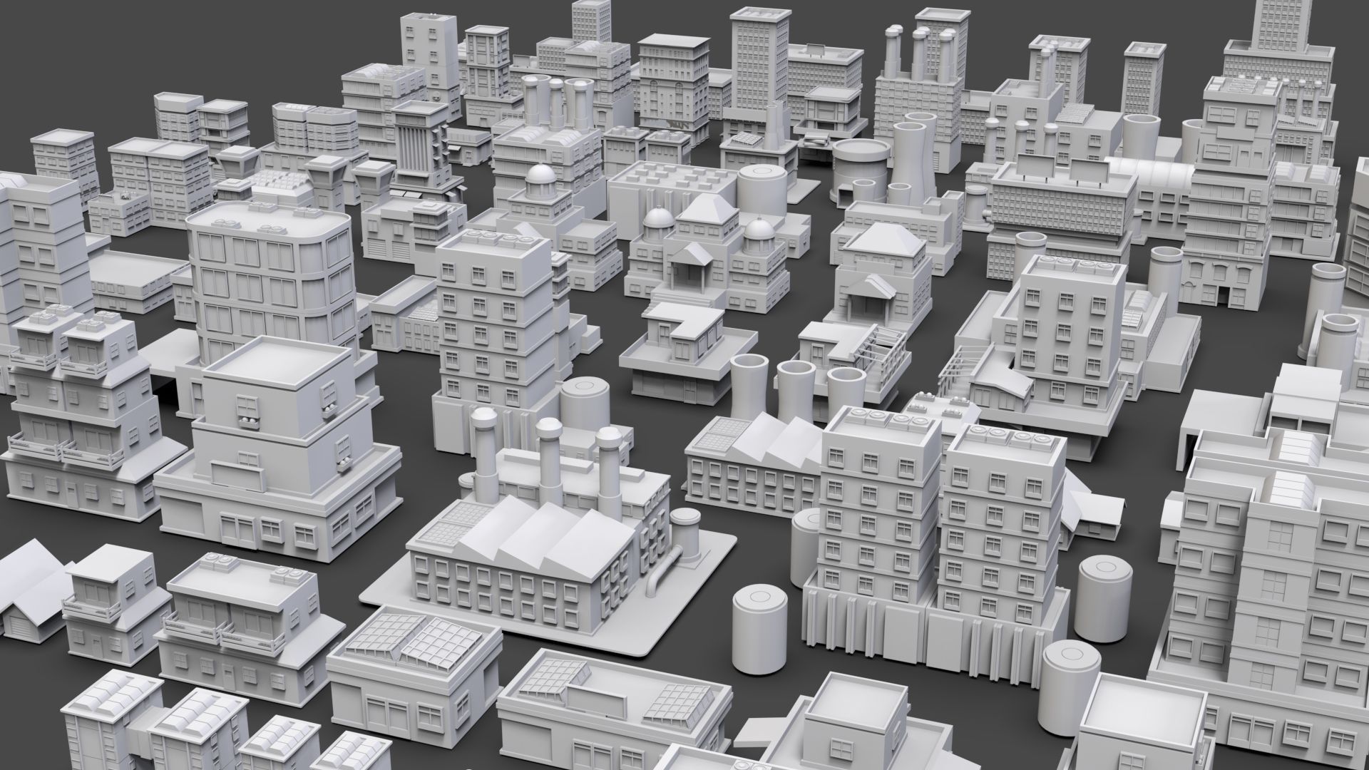 Low Poly City Buildings Pack Of 160 - Game Ready - Untextured  Low-poly 3D model_1