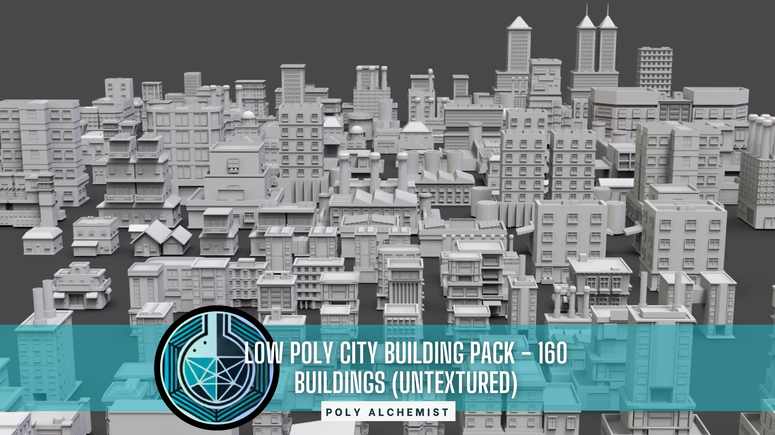 Low Poly City Buildings Pack Of 160 - Game Ready - Untextured  Low-poly 3D model_0