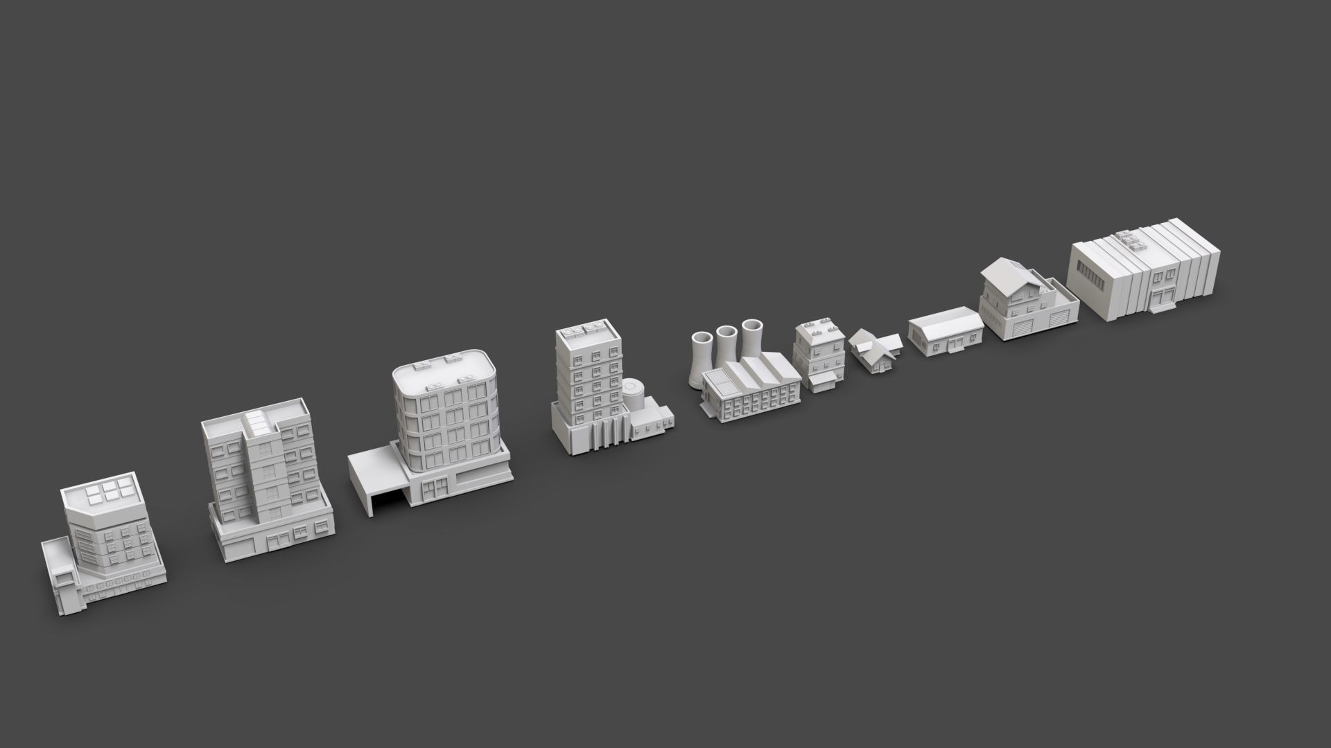 Low Poly City Buildings Pack Of 160 - Game Ready - Untextured  Low-poly 3D model_11
