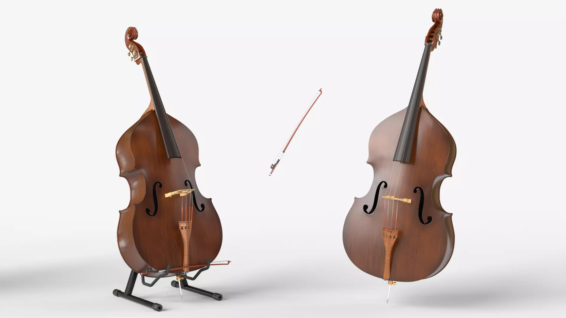 Double Bass Music instrument with Bow and Stand 3D model