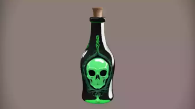 Glowing skull etched green potion bottle