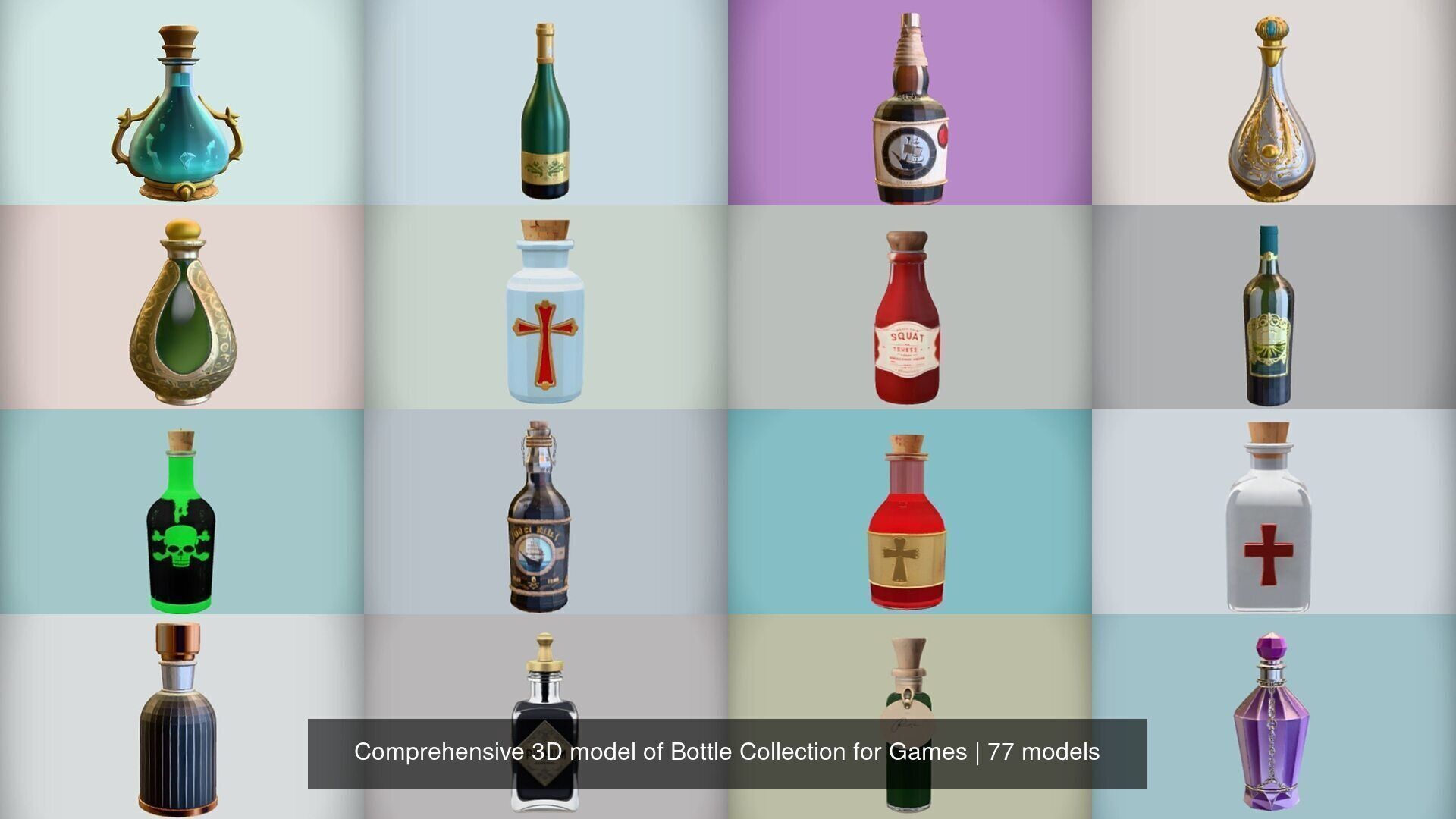 Comprehensive 3D model of Bottle Collection for Games Ready _2