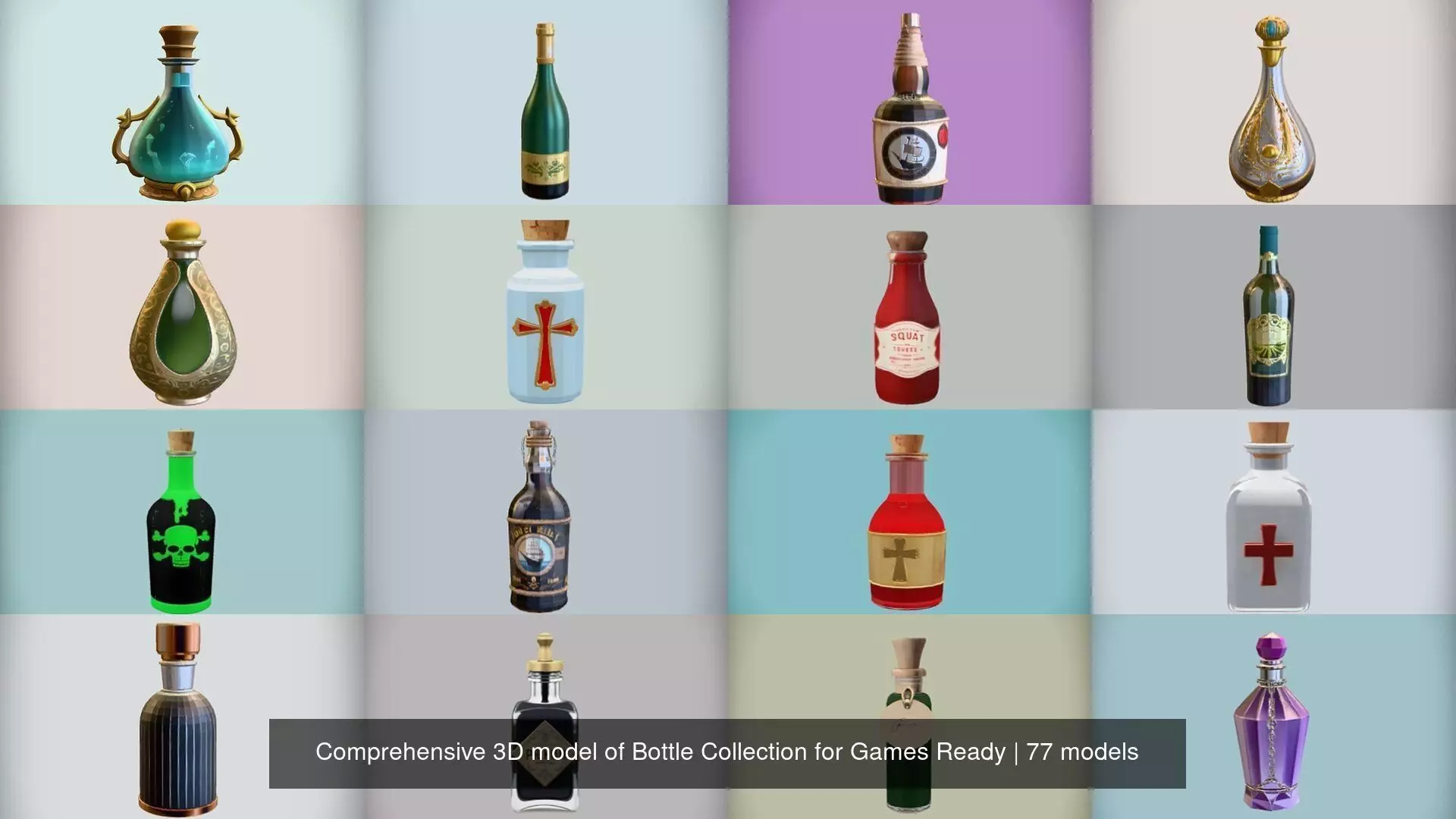 Comprehensive 3D model of Bottle Collection for Games Ready _1