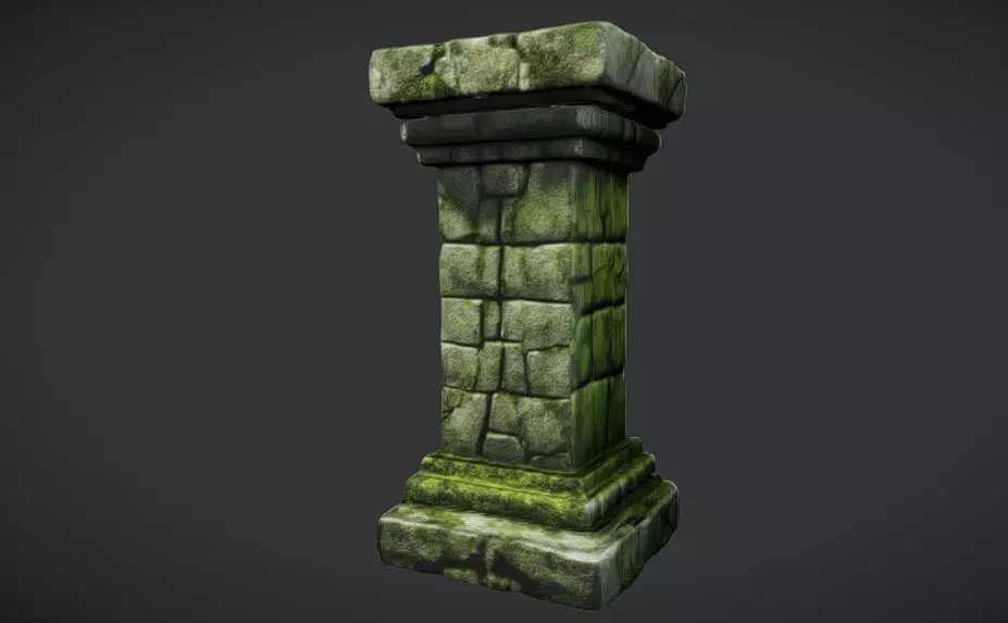 Mossy Cracked stone brick pillar 3D model_0