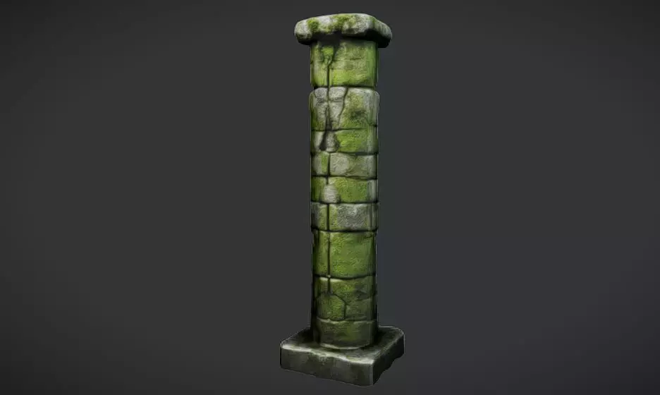 Mossy Cracked stone brick pillar 3D model_0
