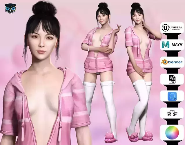 Rigged Female 3D Model in Trendy Pink Attire Low-poly 3D model