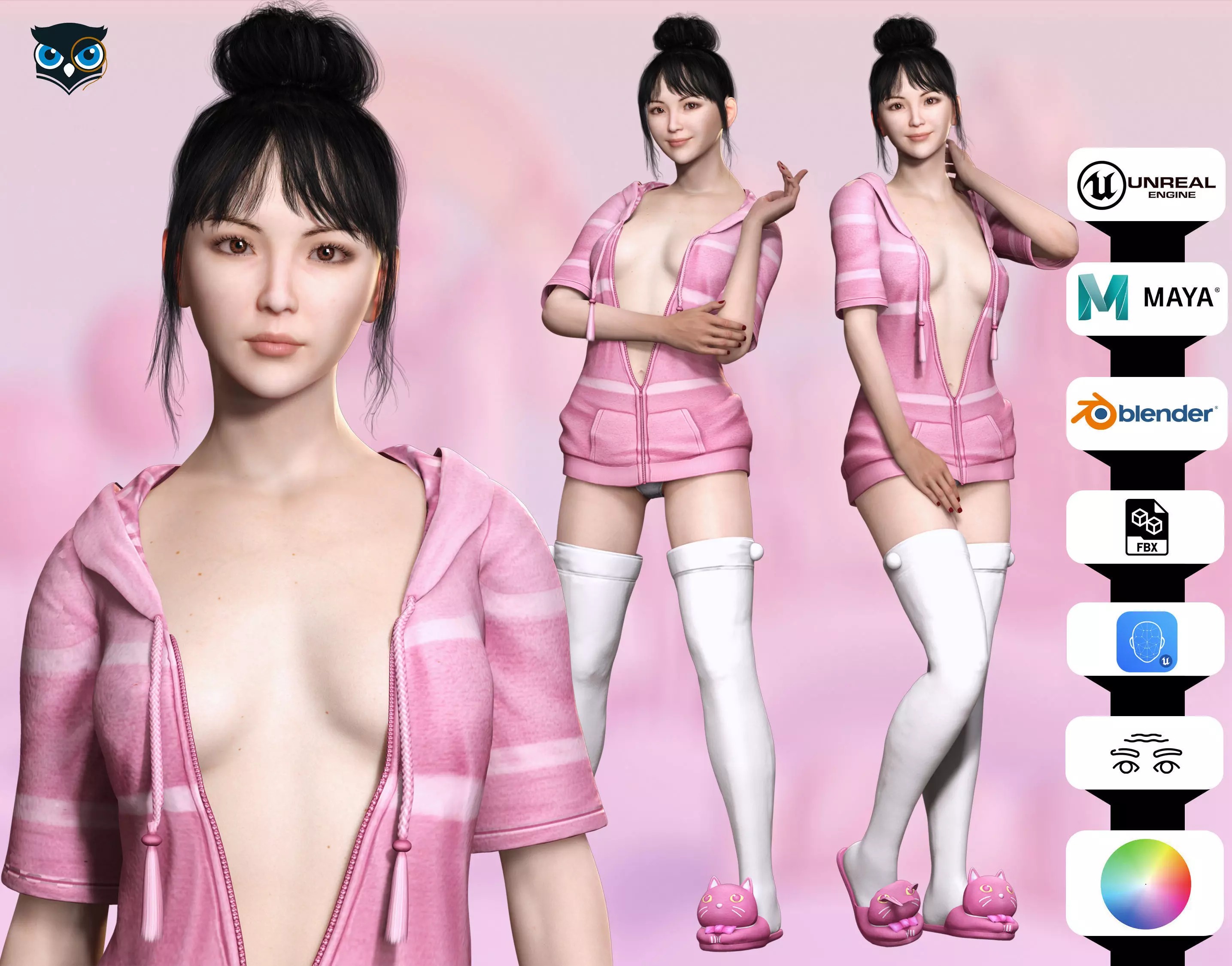 Rigged Female 3D Model in Trendy Pink Attire Low-poly 3D model_0