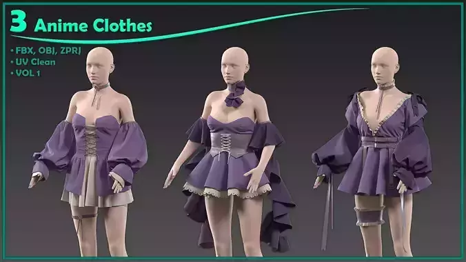 3 female anime clothes 3D model