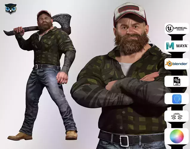 Realistic Man Bearded Lumberjack Low-poly 3D model