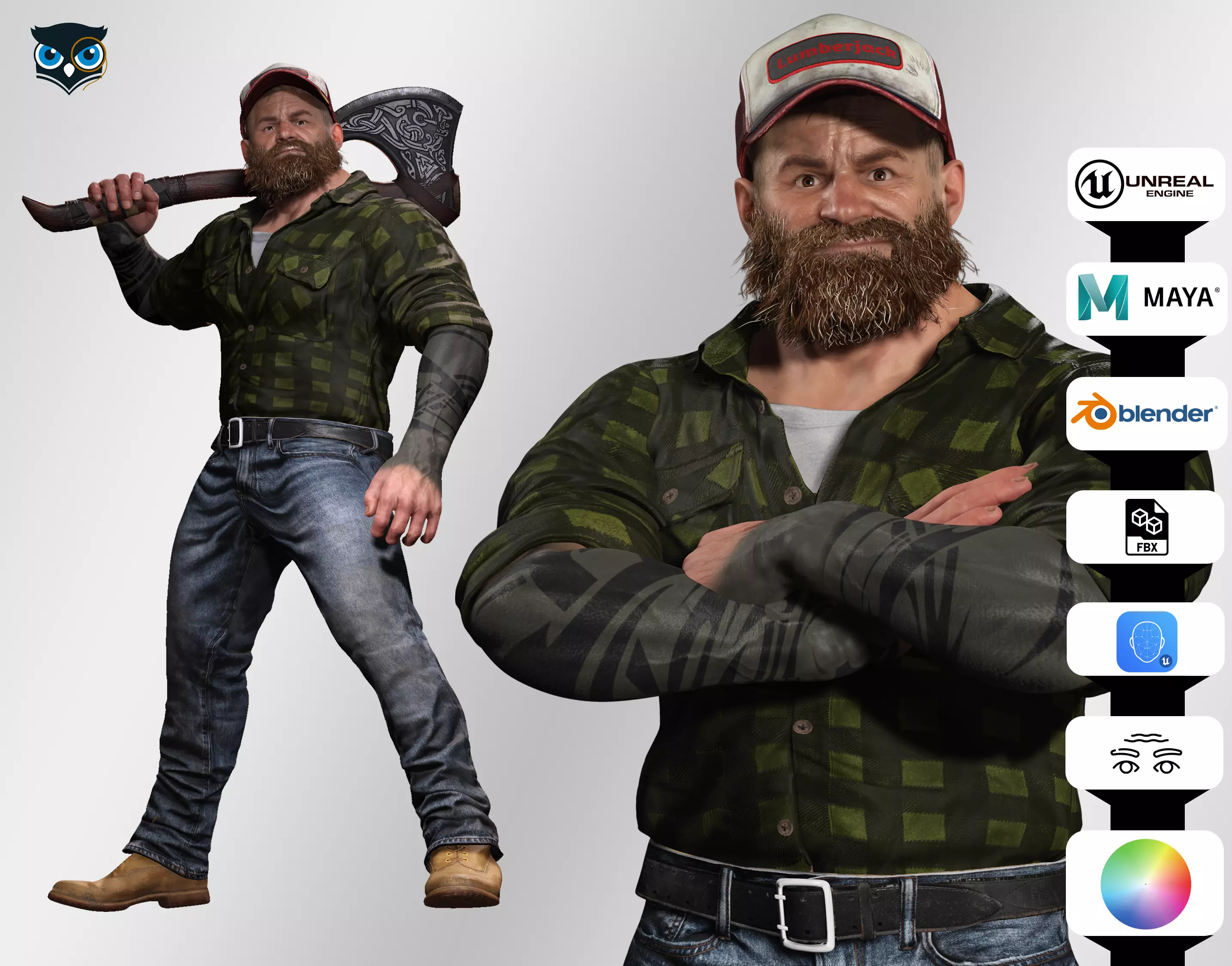 Realistic Man Bearded Lumberjack Low-poly 3D model_0