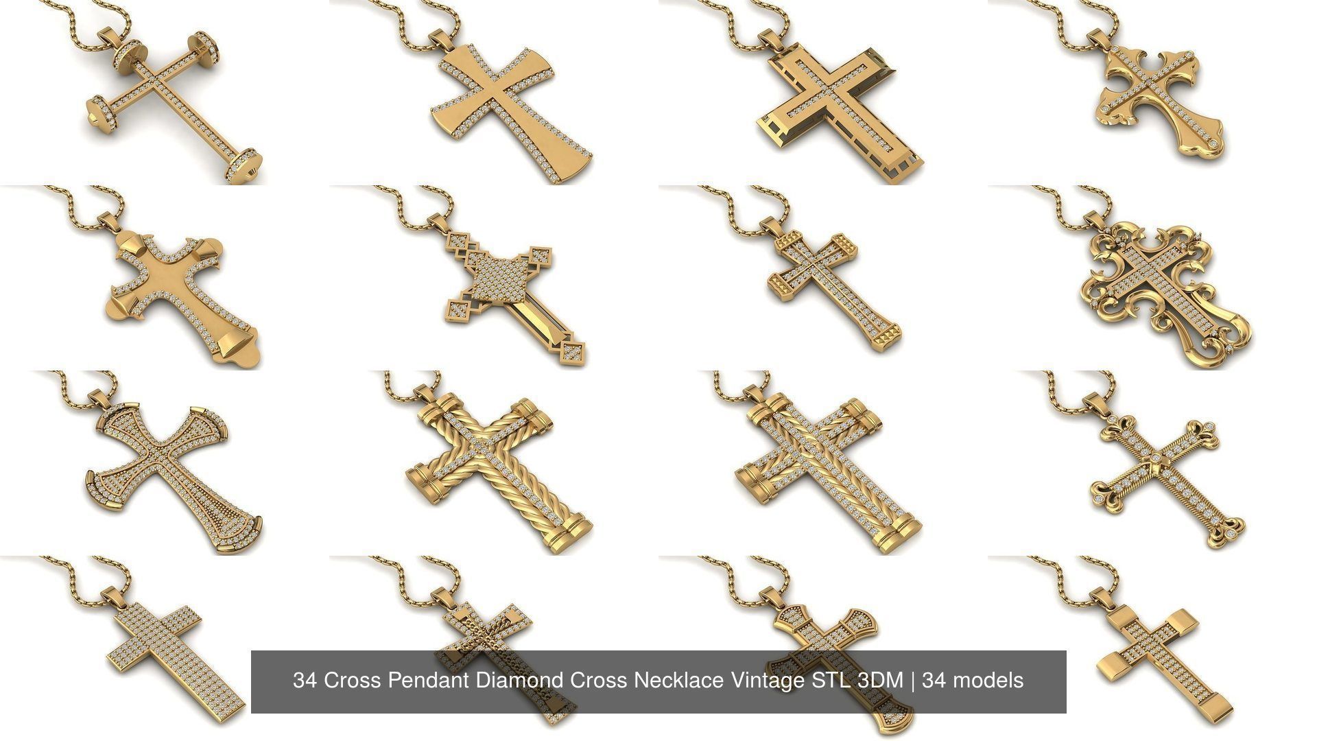 34 Cross Pendant Diamond Cross Necklace Vintage STL 3DM 3D Model Collection_2