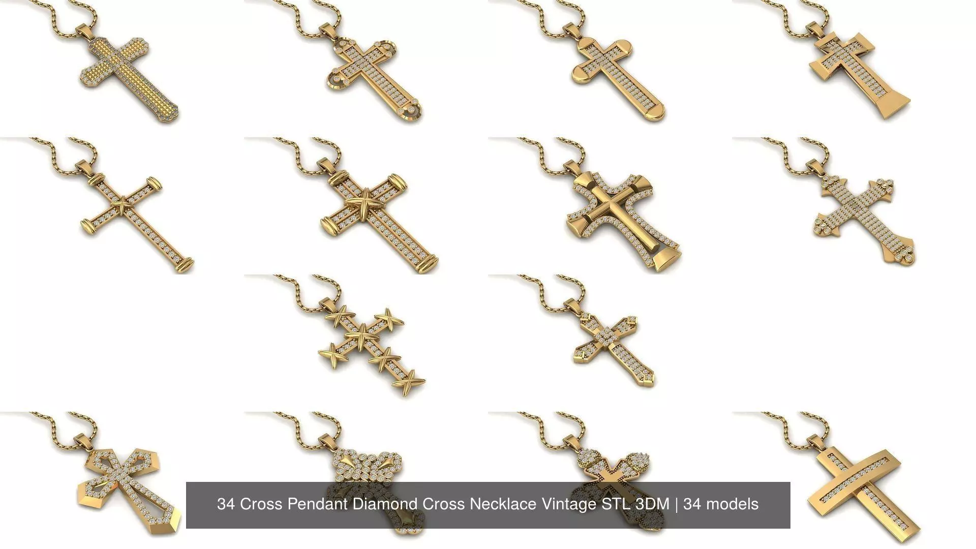 34 Cross Pendant Diamond Cross Necklace Vintage STL 3DM 3D Model Collection_0