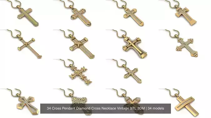 34 Cross Pendant Diamond Cross Necklace Vintage STL 3DM 3D Model Collection