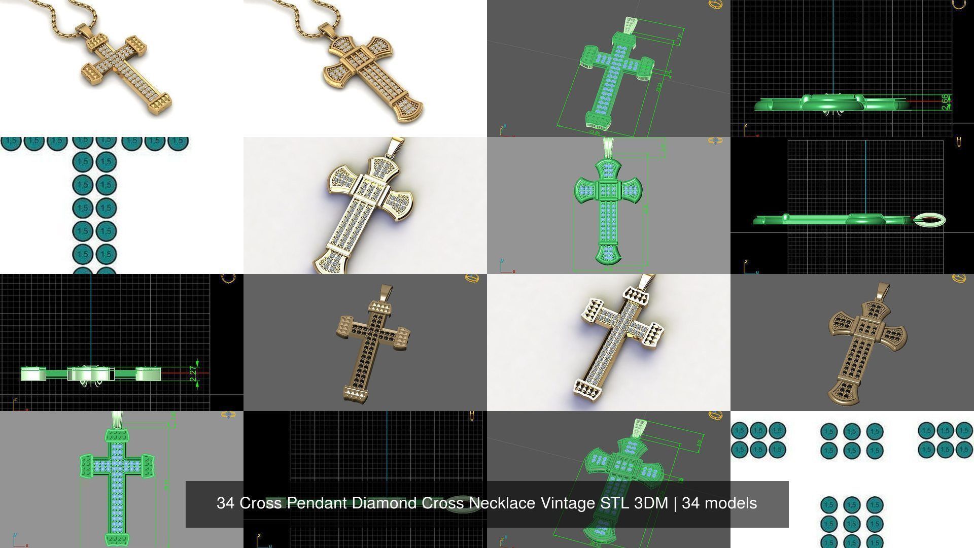 34 Cross Pendant Diamond Cross Necklace Vintage STL 3DM 3D Model Collection_4