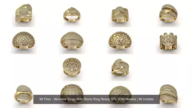 96 Files - Womens Rings With Stone Ring Ready STL 3DM Models