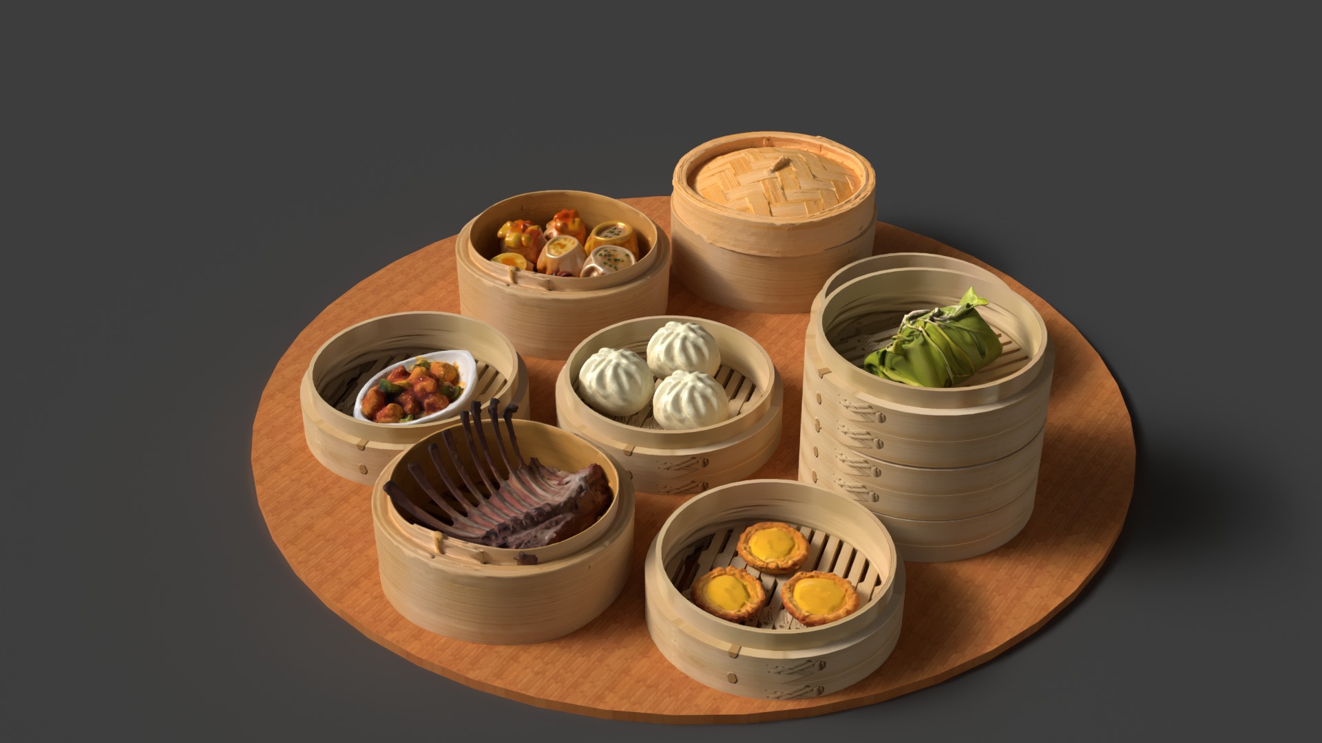  Chinese  dim sum with bamboo steamer  Low-poly 3D model_3