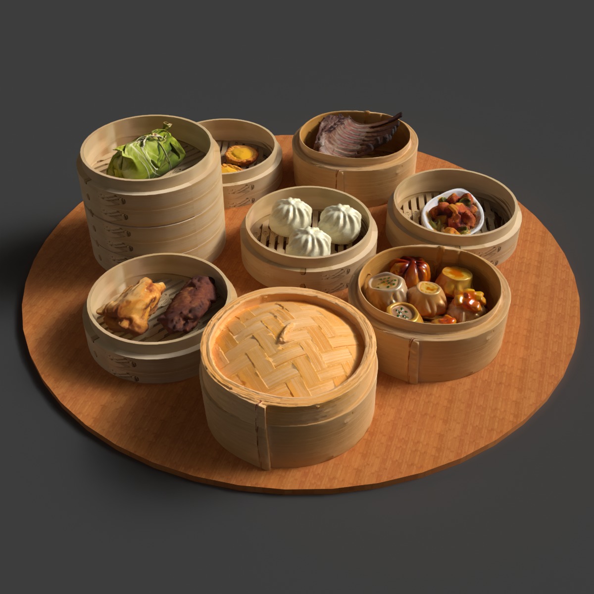  Chinese  dim sum with bamboo steamer  Low-poly 3D model_6